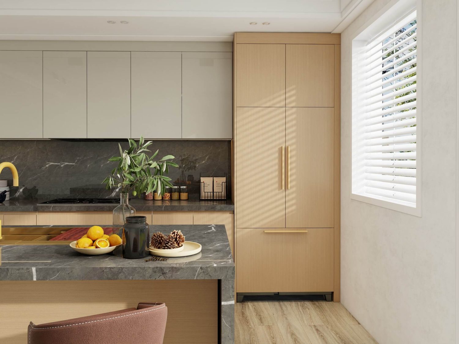 Modern European kitchen with marble countertops, custom cabinetry, and a minimalist design.
