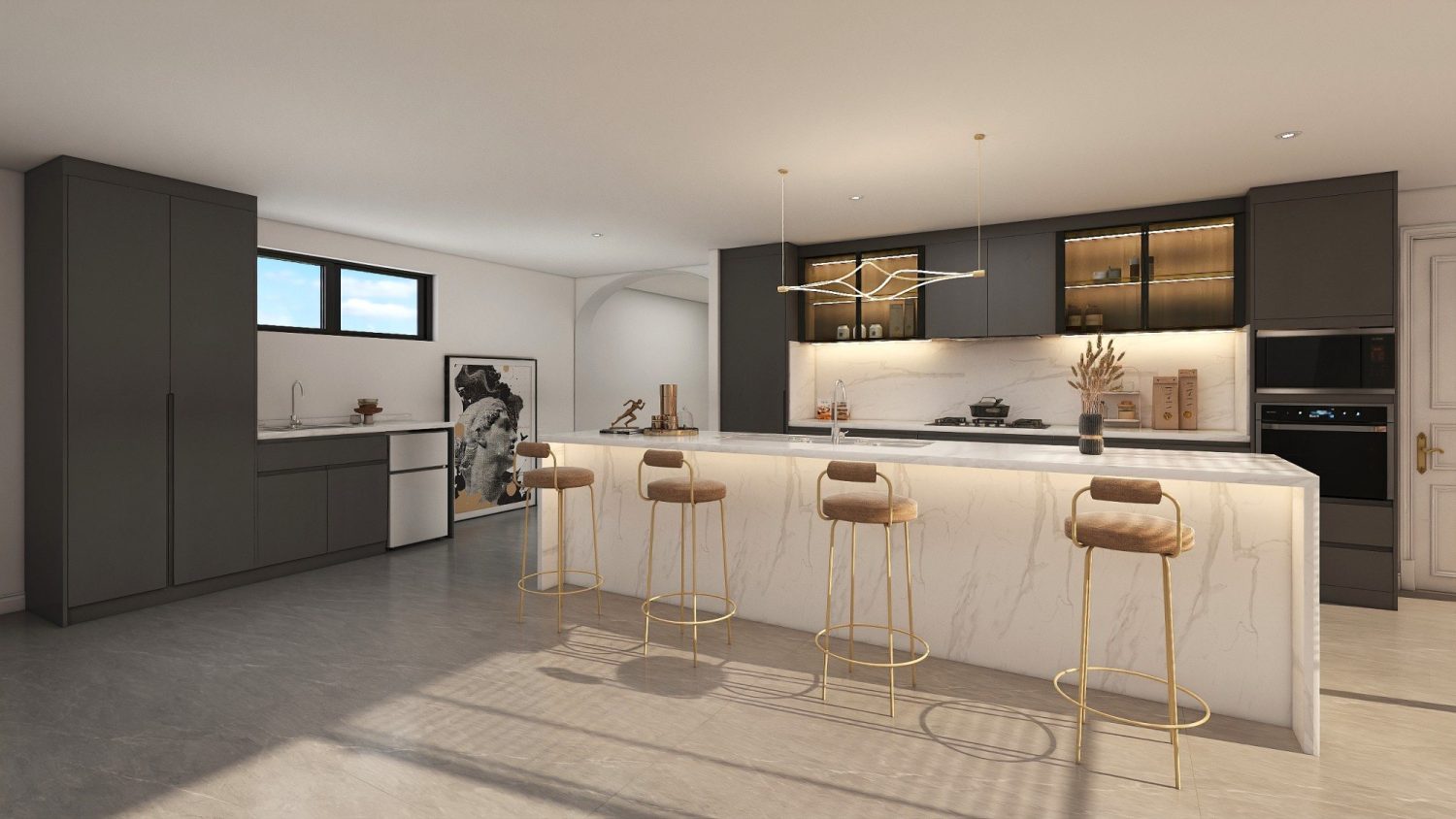 marble-waterfall kitchen island with integrated LED lighting, gold-accent bar stools, matte charcoal cabinets and built-in appliances