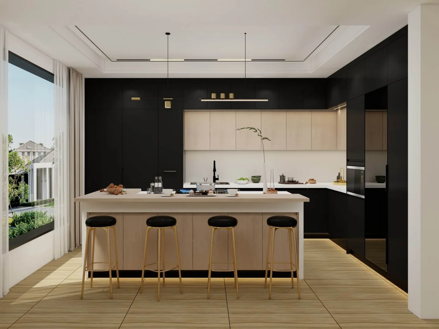 Elegante cocina moderna con gabinetes de dos tonos de madera clara y negra, encimeras elegantes y elementos de diseño contemporáneo.