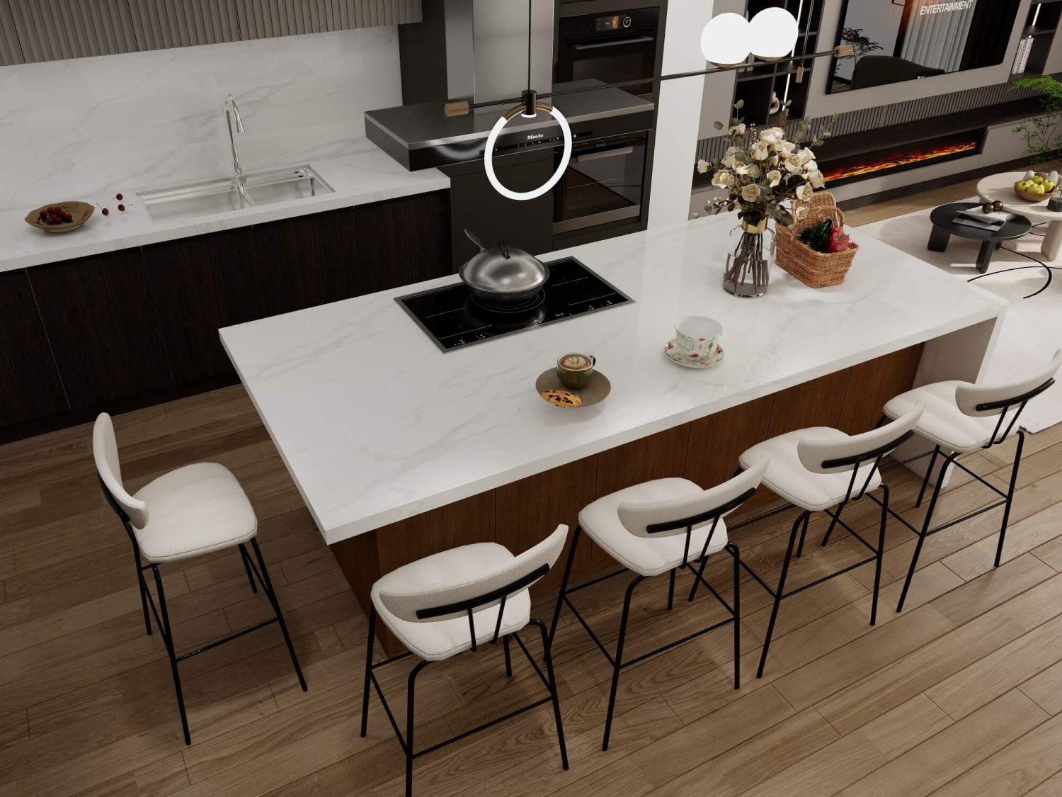 Modern kitchen with a white marble countertop, black induction cooktop, wood-finish cabinetry, and elegant seating around the island.