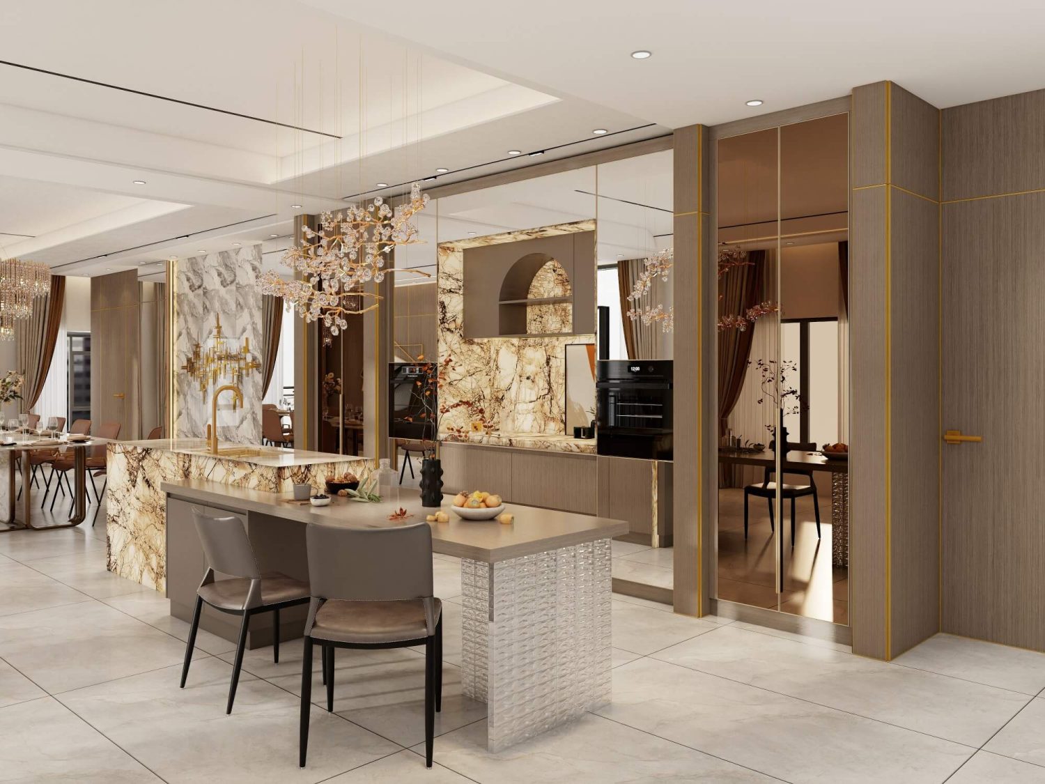 A luxury modern kitchen with multi-functional design, featuring a marble island, golden accents, and a spacious open layout for dining and cooking.