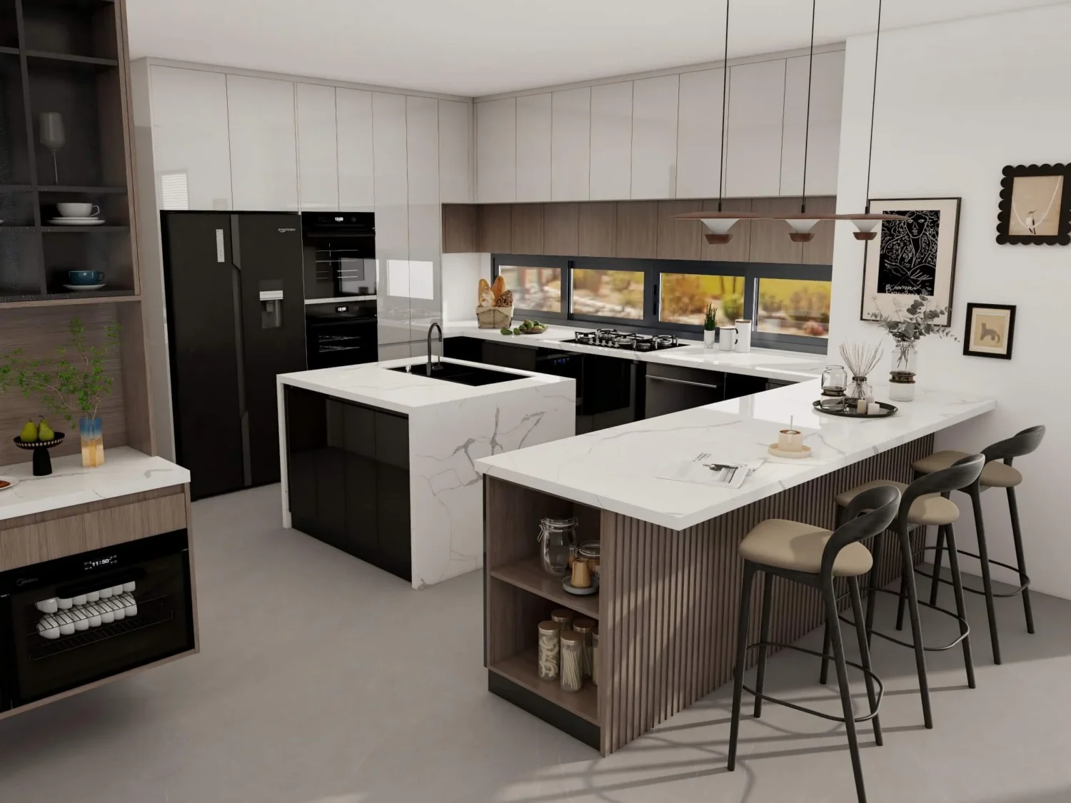 Cocina de lujo contemporánea con gabinetes de dos tonos, isla de mármol y elegantes taburetes de bar modernos para un espacio habitable de alta gama.