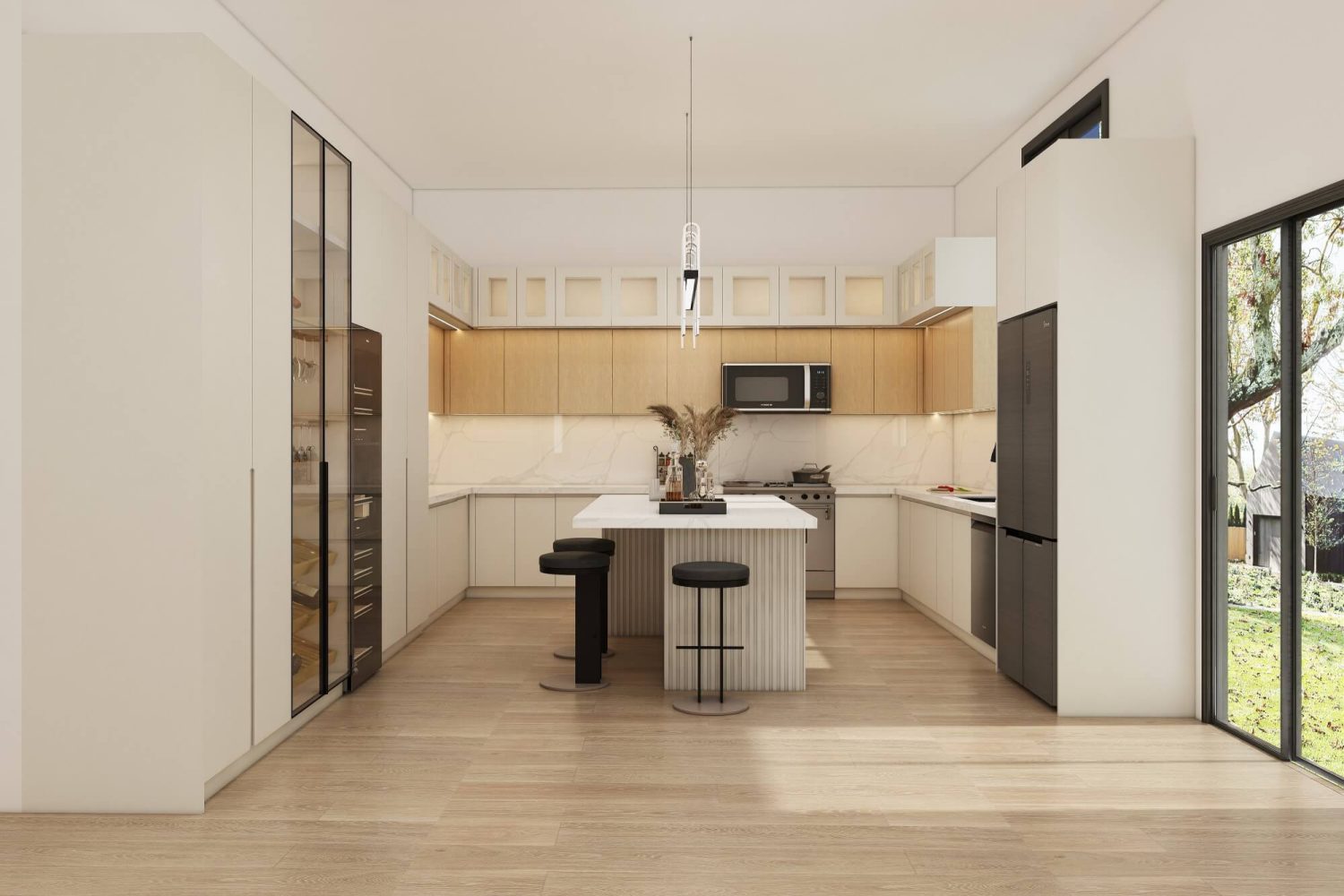 Elegant modern kitchen with two-tone wood and black cabinetry, a marble island, and contemporary design elements.
