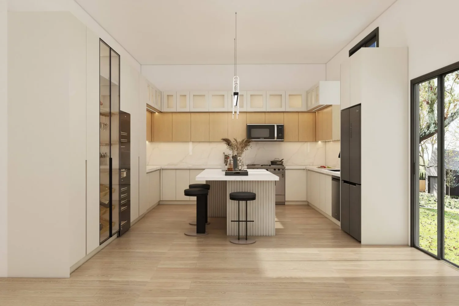 Elegante cocina moderna con muebles de madera de dos tonos y negros, una isla de mármol y elementos de diseño contemporáneo.