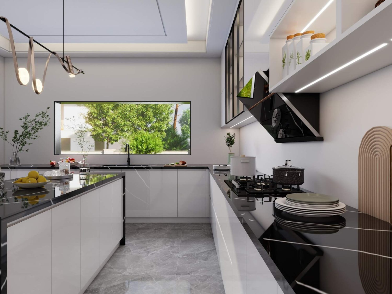 Contemporary kitchen with black and white cabinetry, sleek countertops, and a large window offering natural light and green views.