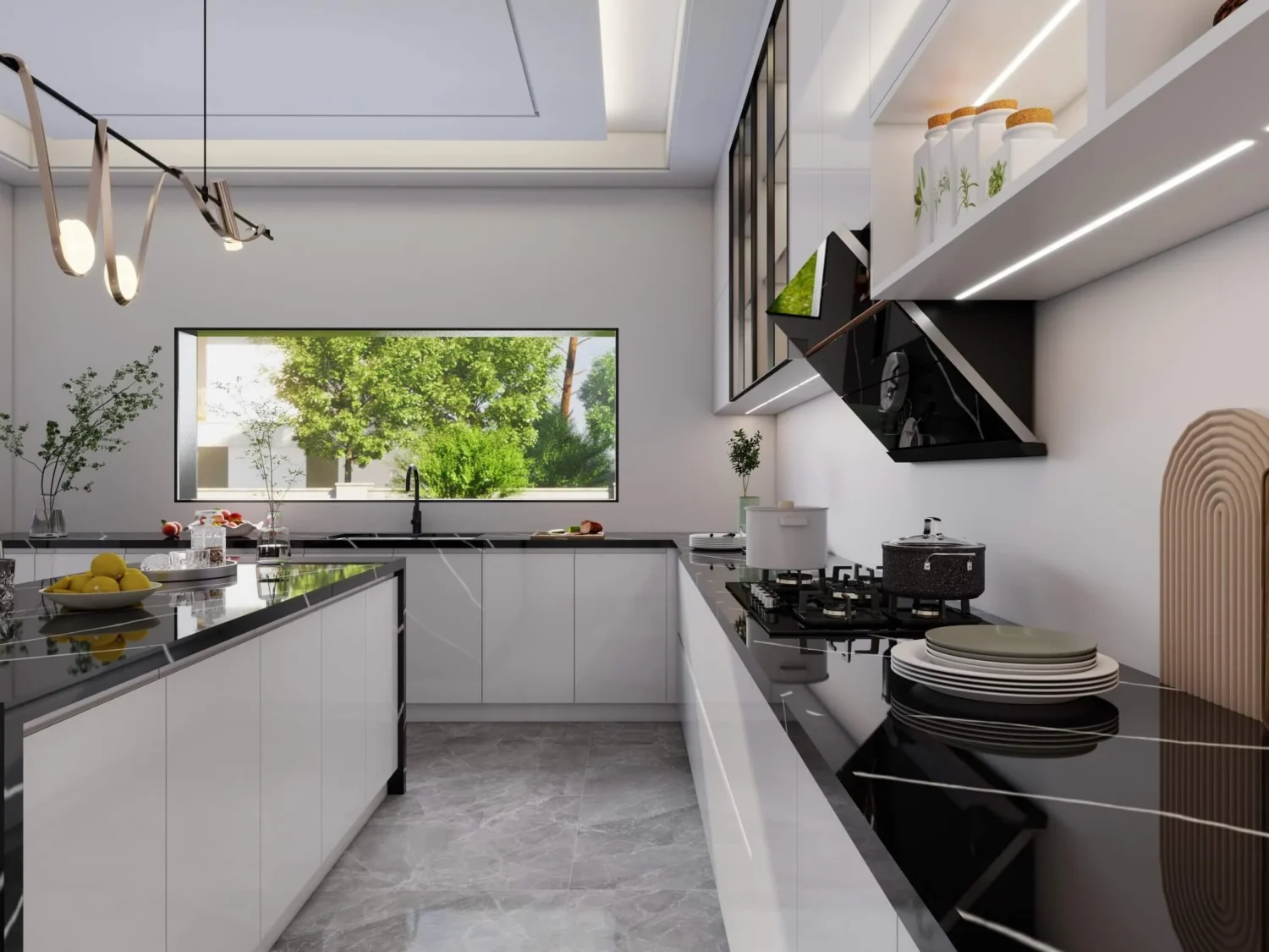 Cocina contemporánea con gabinetes en blanco y negro, elegantes encimeras y una gran ventana que ofrece luz natural y vistas verdes.