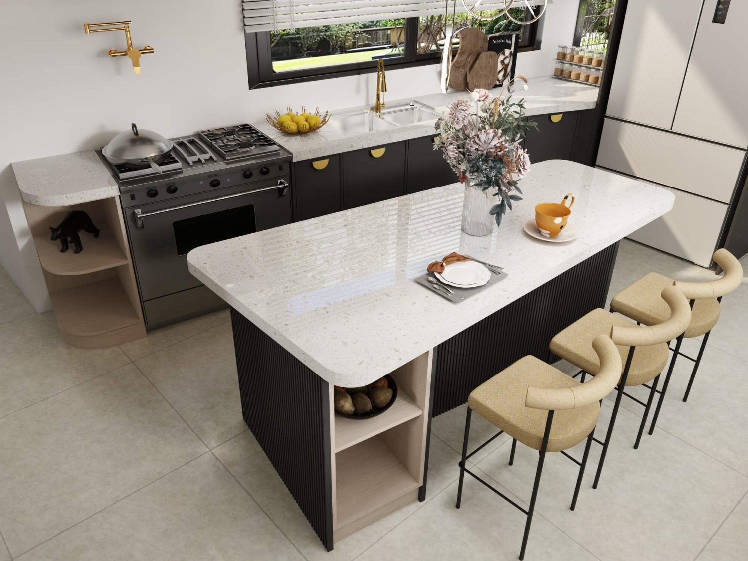 Modern kitchen with marble countertops, wood and black cabinetry, stylish seating, and unique open shelving design.