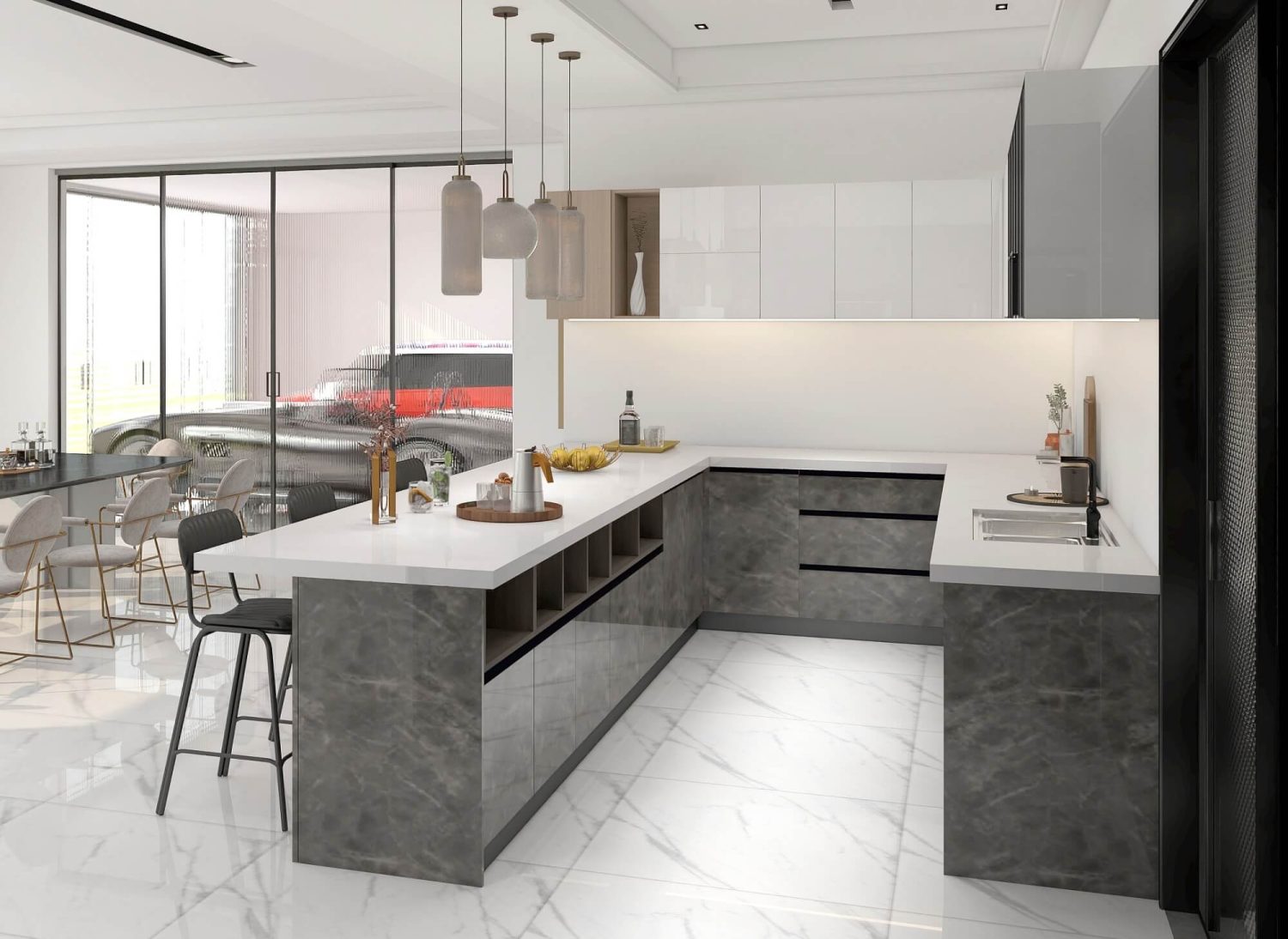 Contemporary Malaysian kitchen with sleek grey marble cabinets, white countertops, and minimalist design, featuring an open dining area.