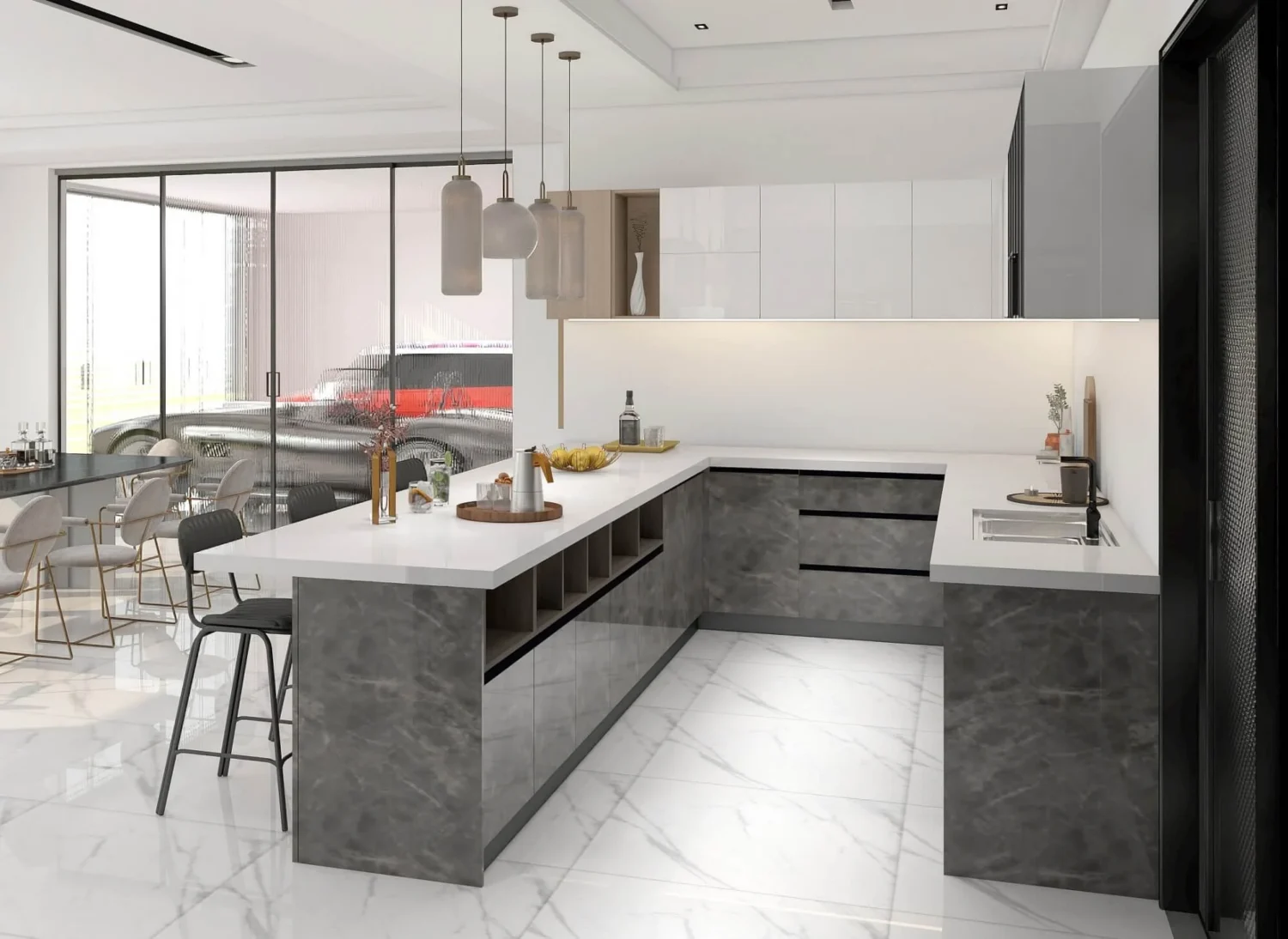 Cocina malaya contemporánea con elegantes gabinetes de mármol gris, encimeras blancas y diseño minimalista, que cuenta con un comedor abierto.