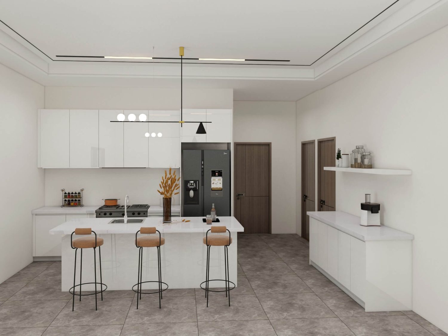 Minimalist Malaysian kitchen with white cabinetry, sleek countertops, and a modern dining area featuring wooden accents and comfortable seating.