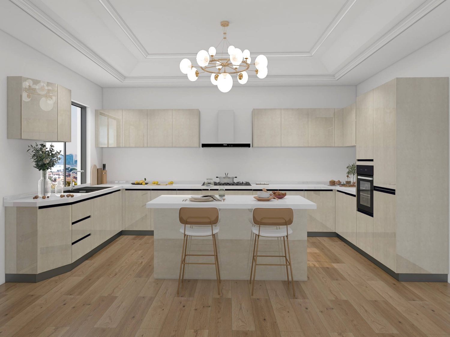 Modern Malaysian kitchen with light wood-finish cabinets, black accents, extended countertops, and an open layout designed for family-style cooking.