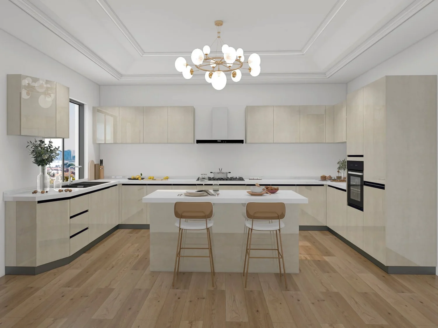 Cocina malaya moderna con gabinetes con acabado de madera clara, detalles en negro, encimeras extendidas y un diseño abierto diseñado para cocinar en familia.