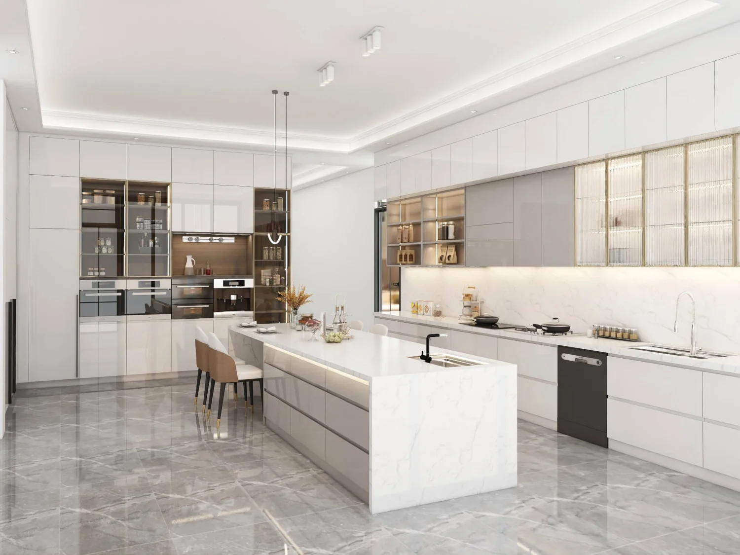 Cocina malaya moderna con gabinetes blancos, detalles de madera, encimeras extendidas y almacenamiento de especias personalizado diseñado para cocinar en familia.