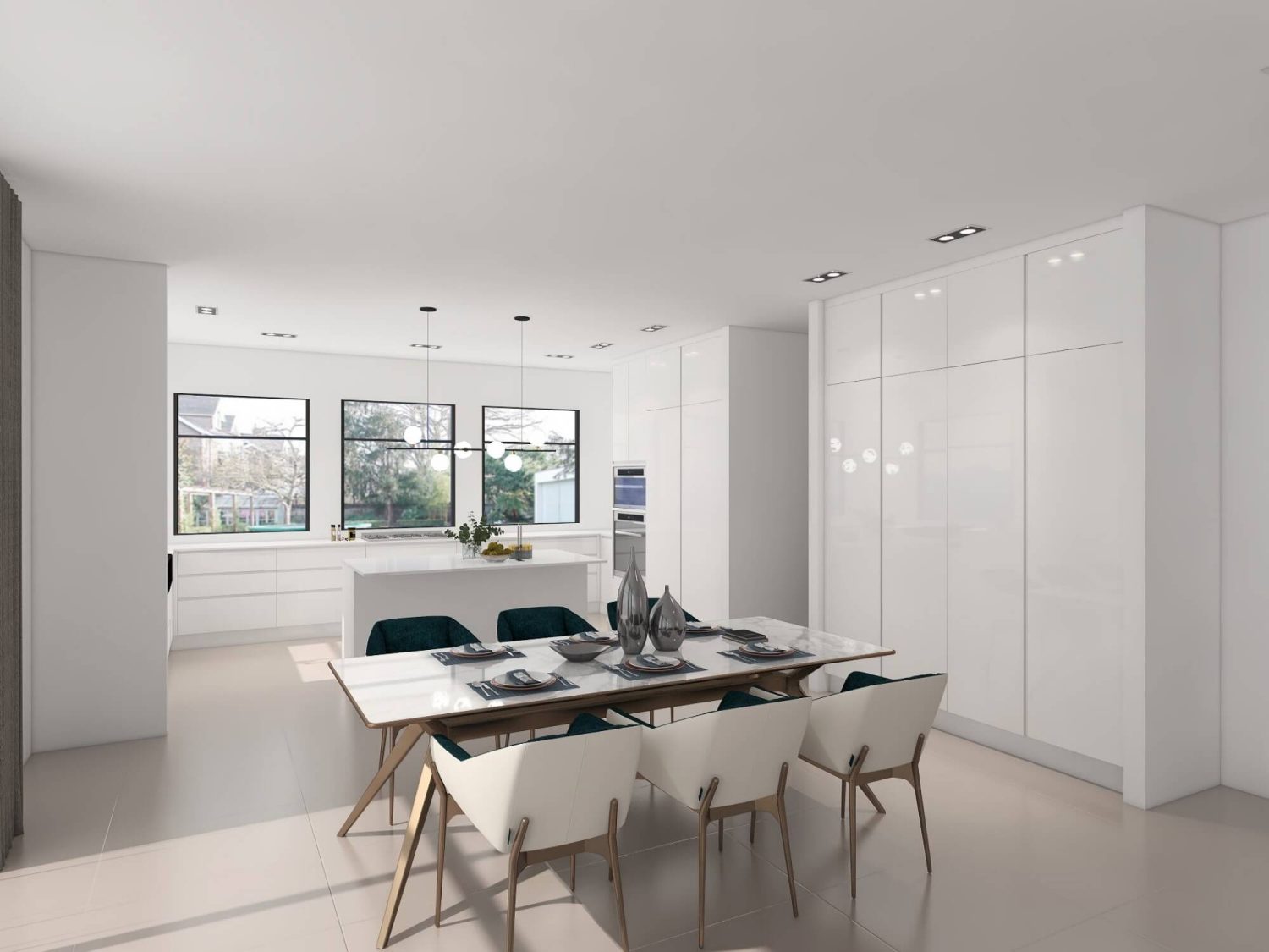 Contemporary Malaysian kitchen with grey marble cabinets, white countertops, and open shelving, designed for a family-friendly and functional layout.