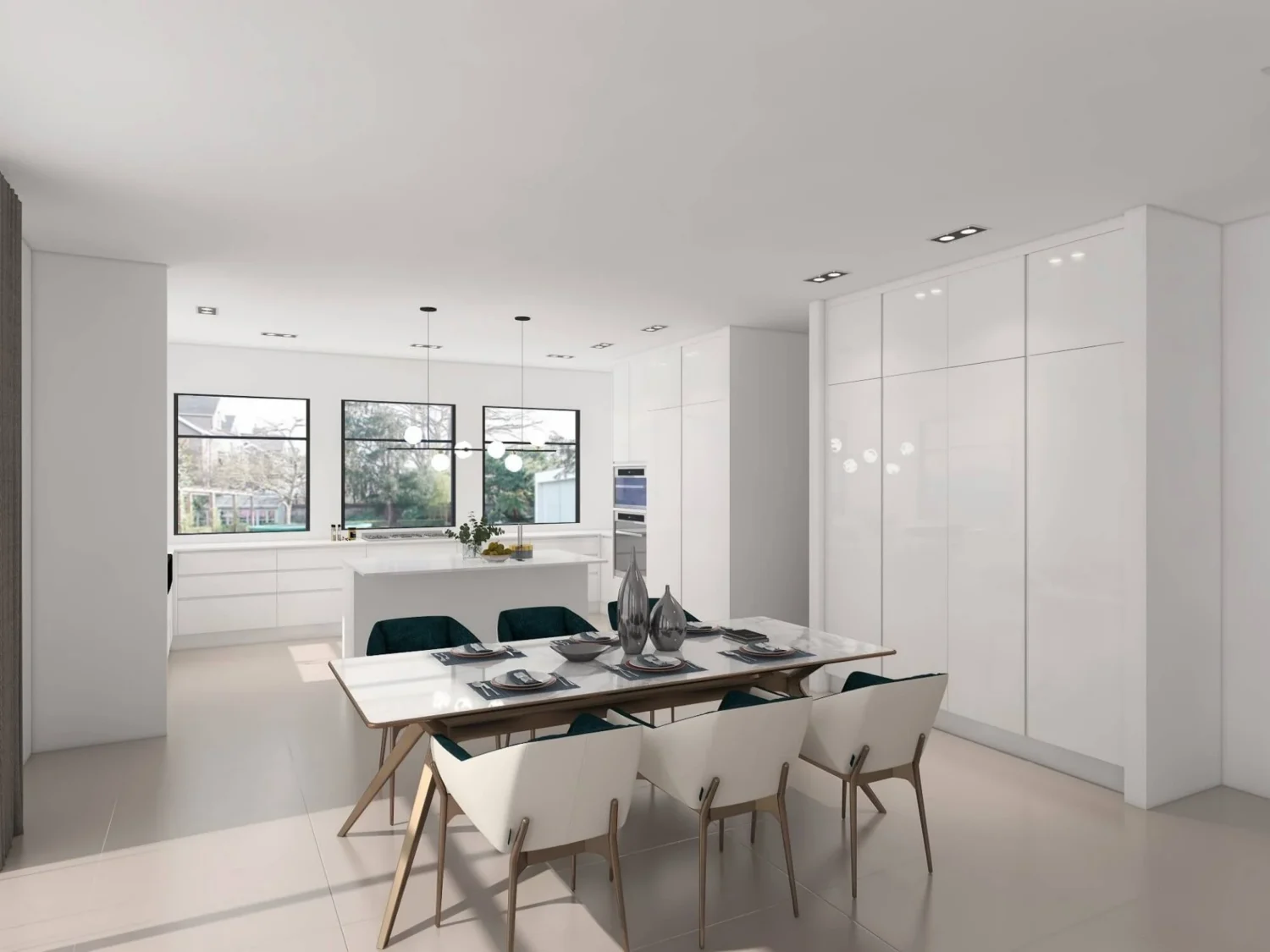 Cocina malasia contemporánea con gabinetes de mármol gris, encimeras blancas y estantes abiertos, diseñada para un diseño funcional y familiar.
