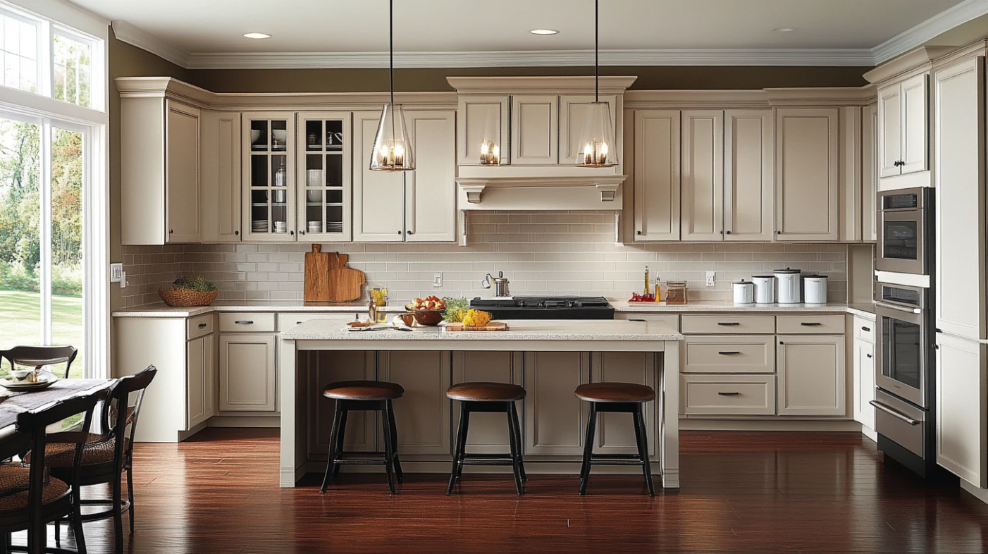 A kitchen featuring matte acrylic kitchen cabinets with a subdued, elegant finish, reducing fingerprints and smudges.