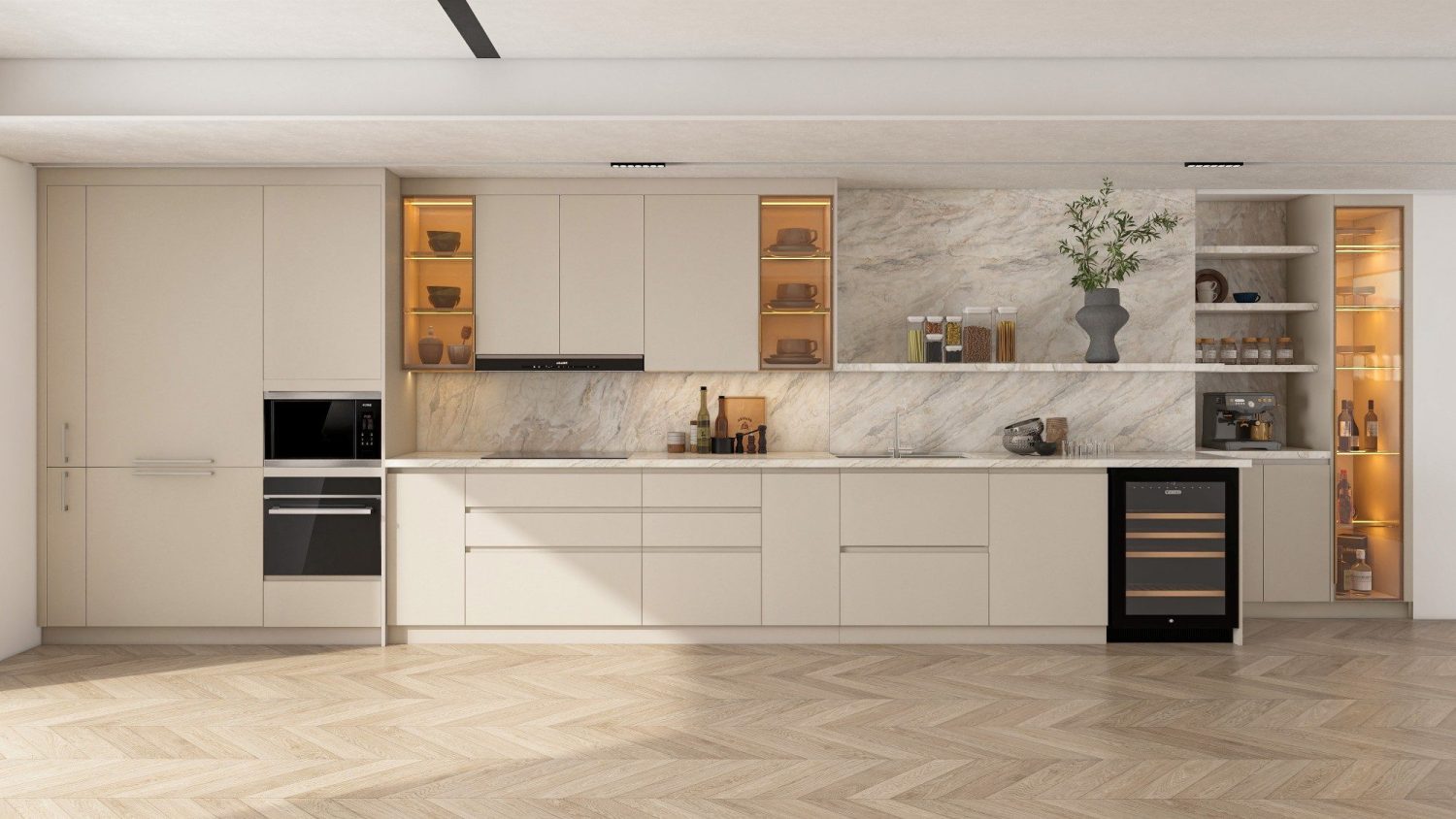 beige flat-panel luxury kitchen cabinets with marble backsplash, integrated wine fridge and illuminated glass display shelves