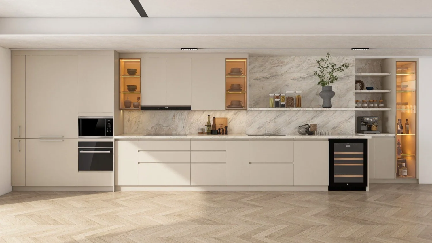 Gabinetes de cocina de lujo de panel plano en beige con protector contra salpicaduras de mármol, refrigerador para vinos integrado y estantes de exhibición de vidrio iluminados.