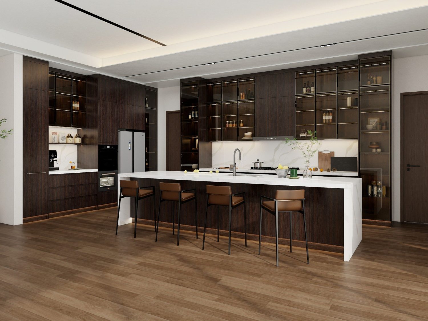 dark wood custom kitchen cabinets with white marble waterfall island, brown leather bar stools and glass-front uppers