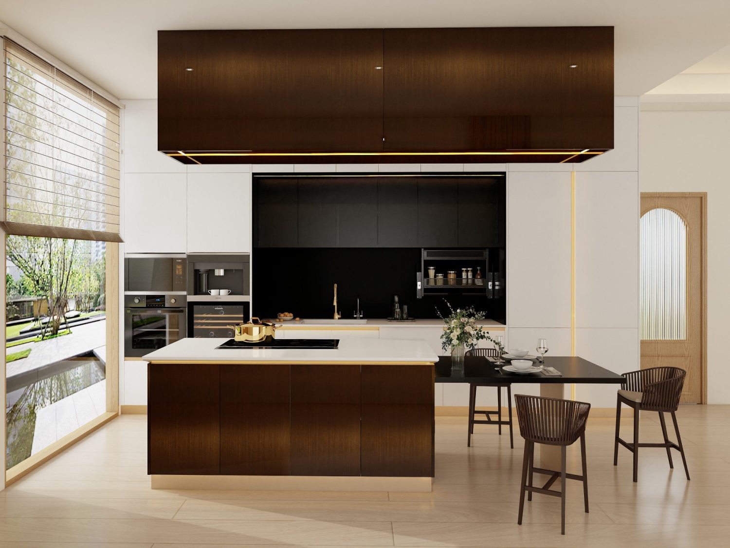 Luxury kitchen with glossy white and dark wood cabinets, marble-topped island, integrated black dining extension, gold accents