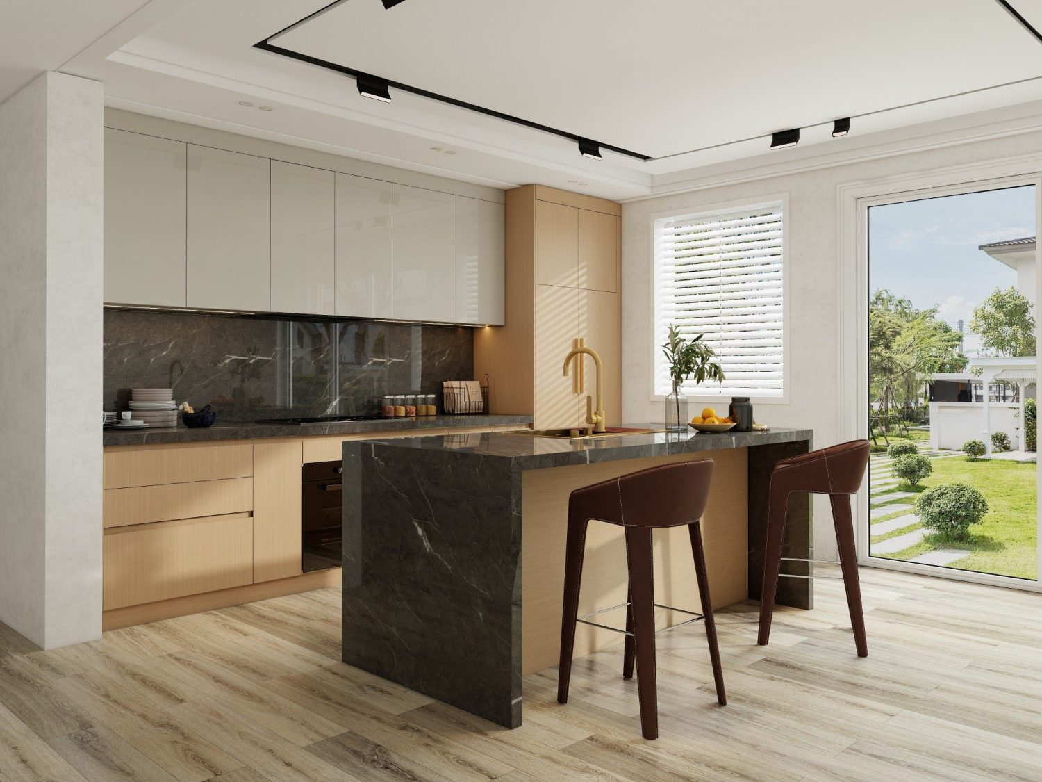 Luxury kitchen with marble waterfall island, wood-veneered base cabinets, gloss white wall cabinets, gold faucet, leather stools