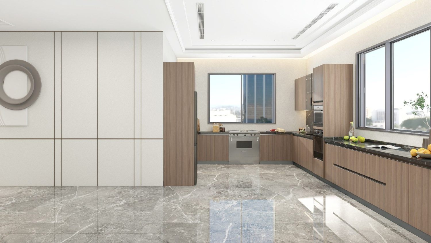 L-shaped luxury wood kitchen cabinets with black granite countertops, integrated stainless oven, and marble-style floor tiles