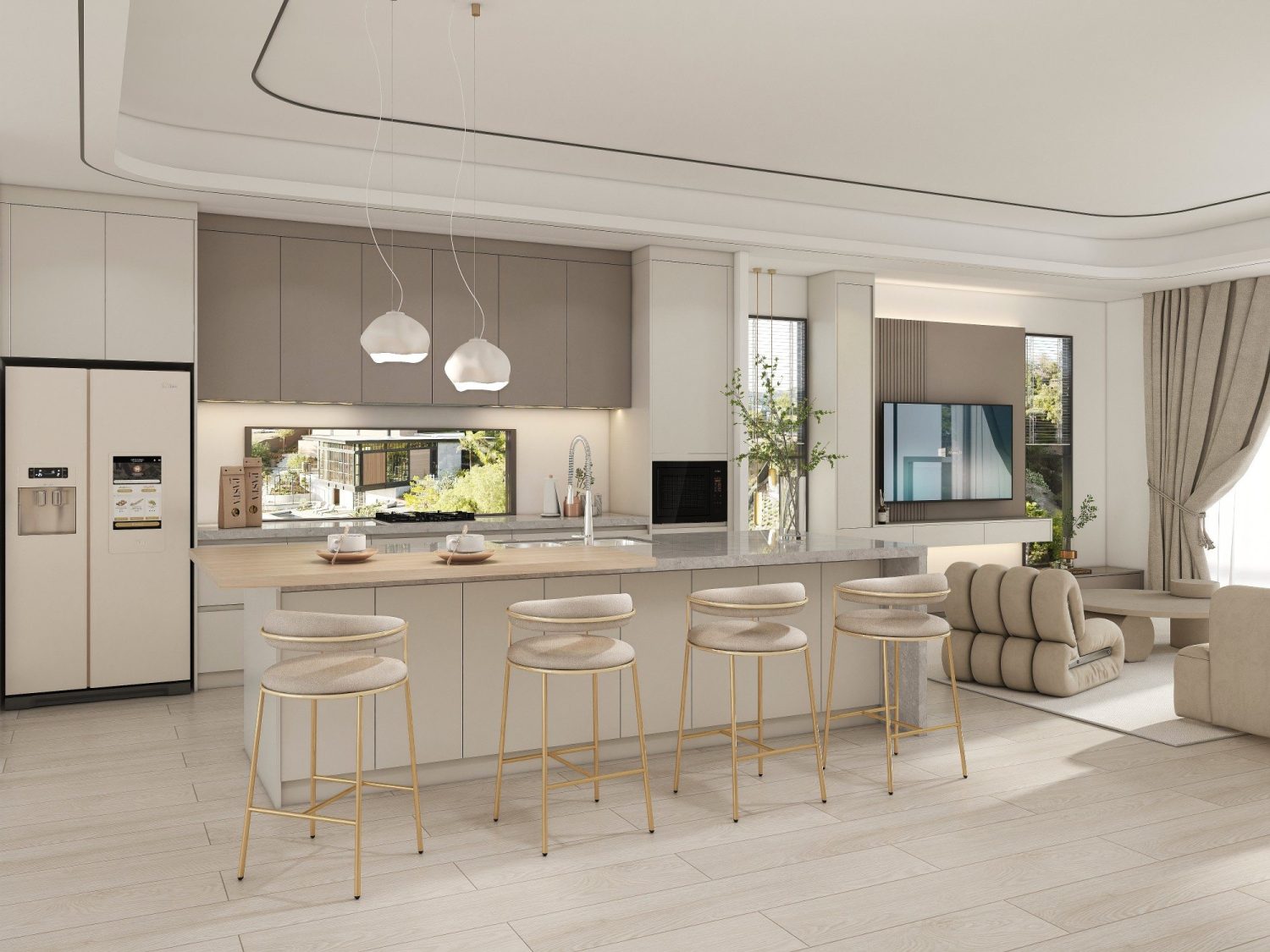 beige-gray luxury kitchen with marble waterfall island, gold-framed bar stools, neutral built-in cabinetry and integrated appliances