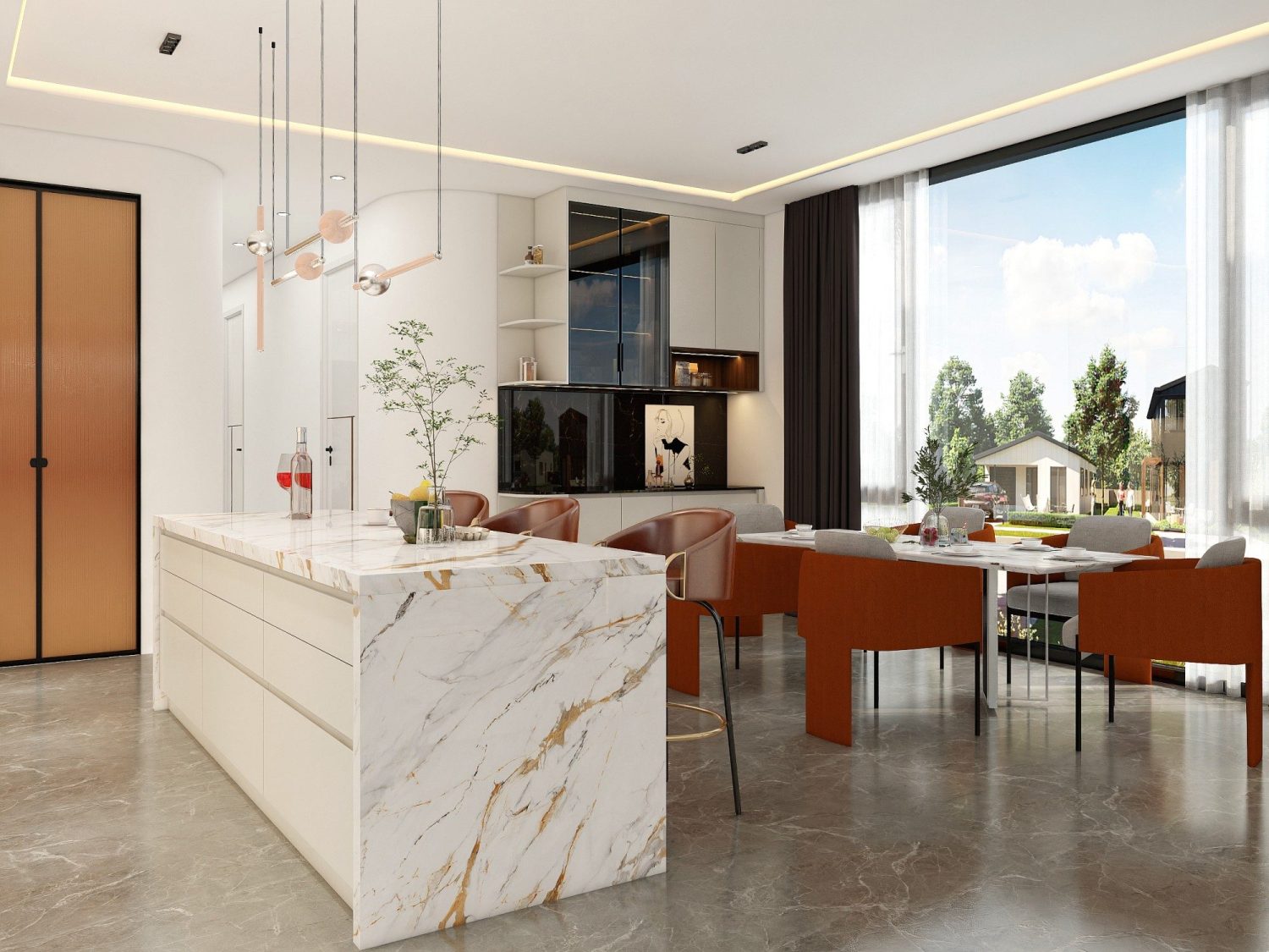 White-and-gold marble waterfall island with brown leather bar stools and open-plan dining area in luxury kitchen