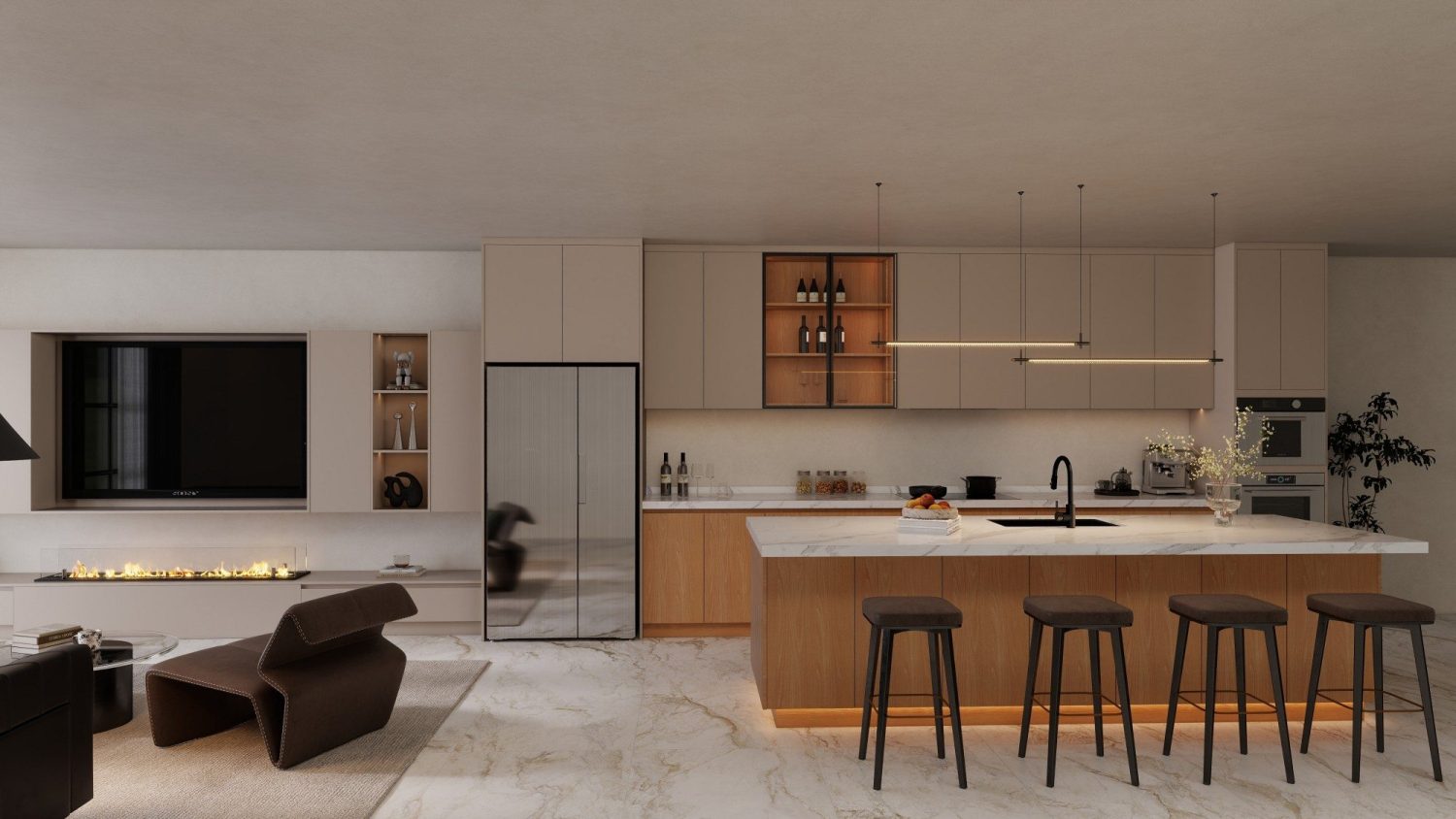 Open-concept luxury kitchen with marble waterfall island, wood-toned base cabinets, matte beige uppers, black faucet