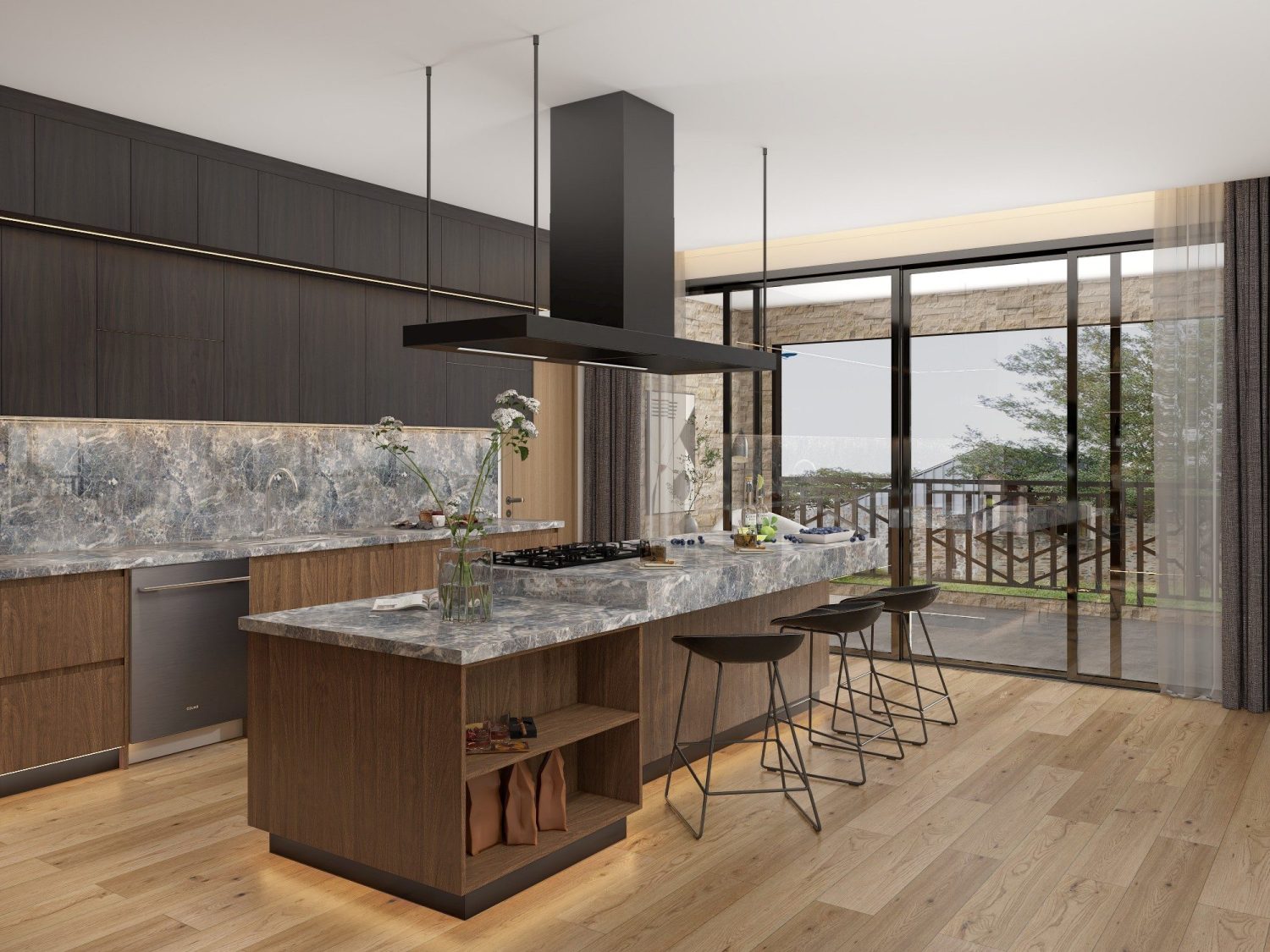 modern Middle Eastern kitchen with marble waterfall island, dark wood veneer cabinets and floor-to-ceiling glass doors