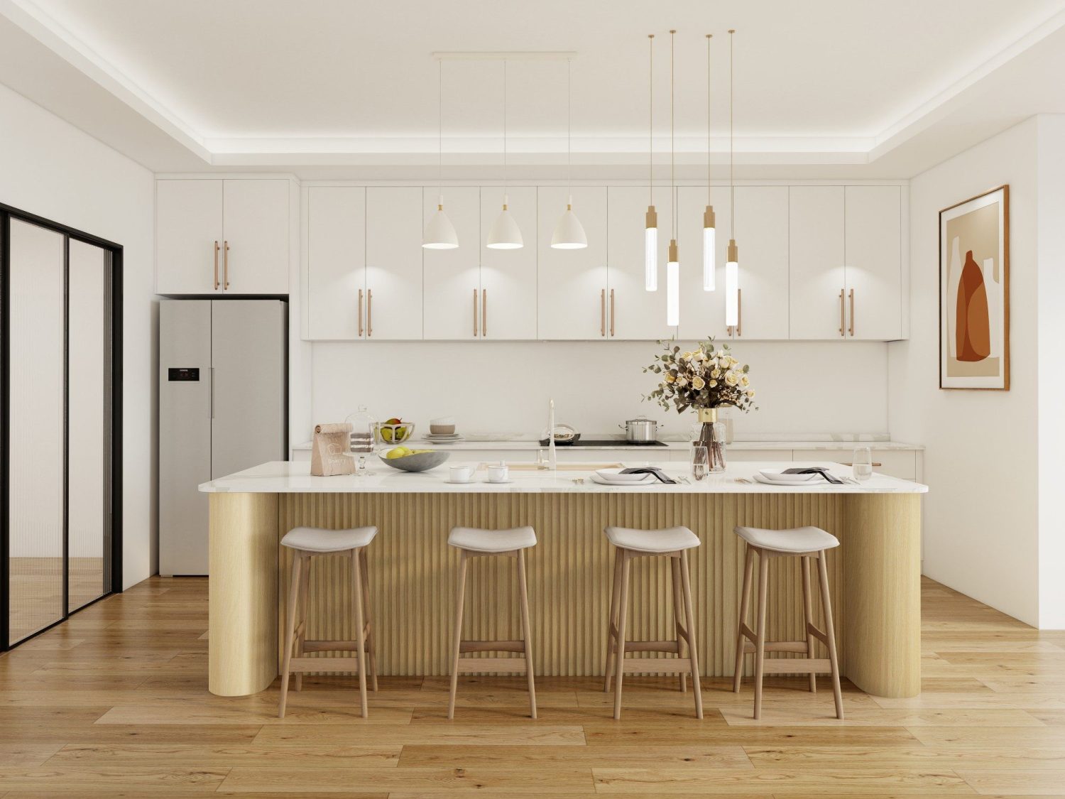 white gloss wall cabinets with gold hardware, marble countertop and a fluted gold breakfast island under pendant lights