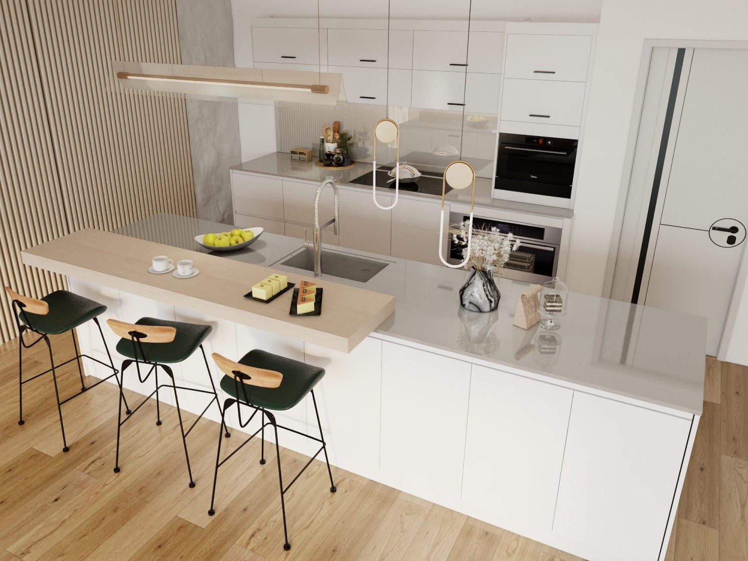white lacquer cabinets with gray marble countertop, raised wood breakfast bar and dark-green stool seating in luxury kitchen