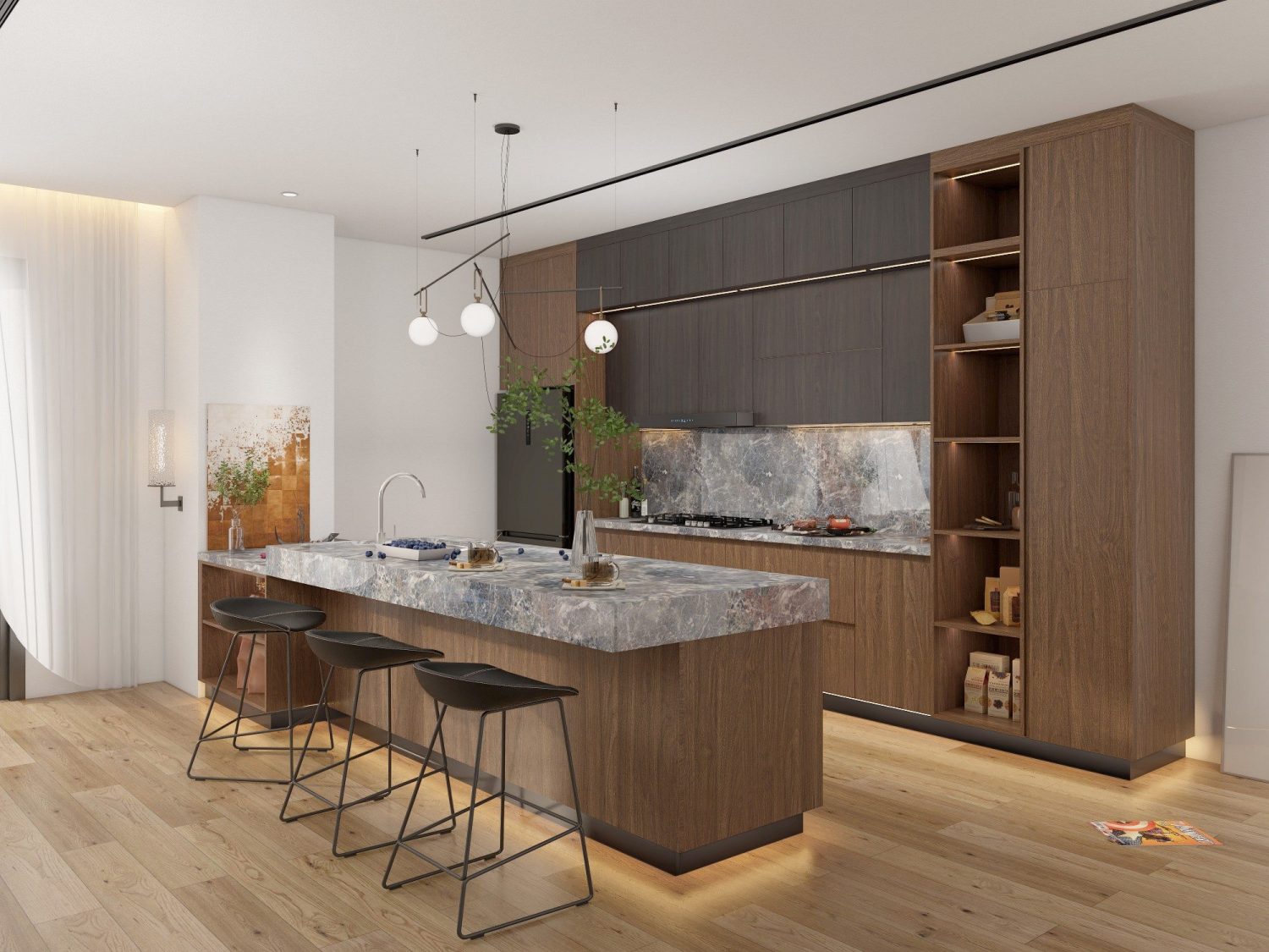 luxury middle eastern kitchen with marble waterfall island, dark wood cabinetry, integrated shelving and gold accents