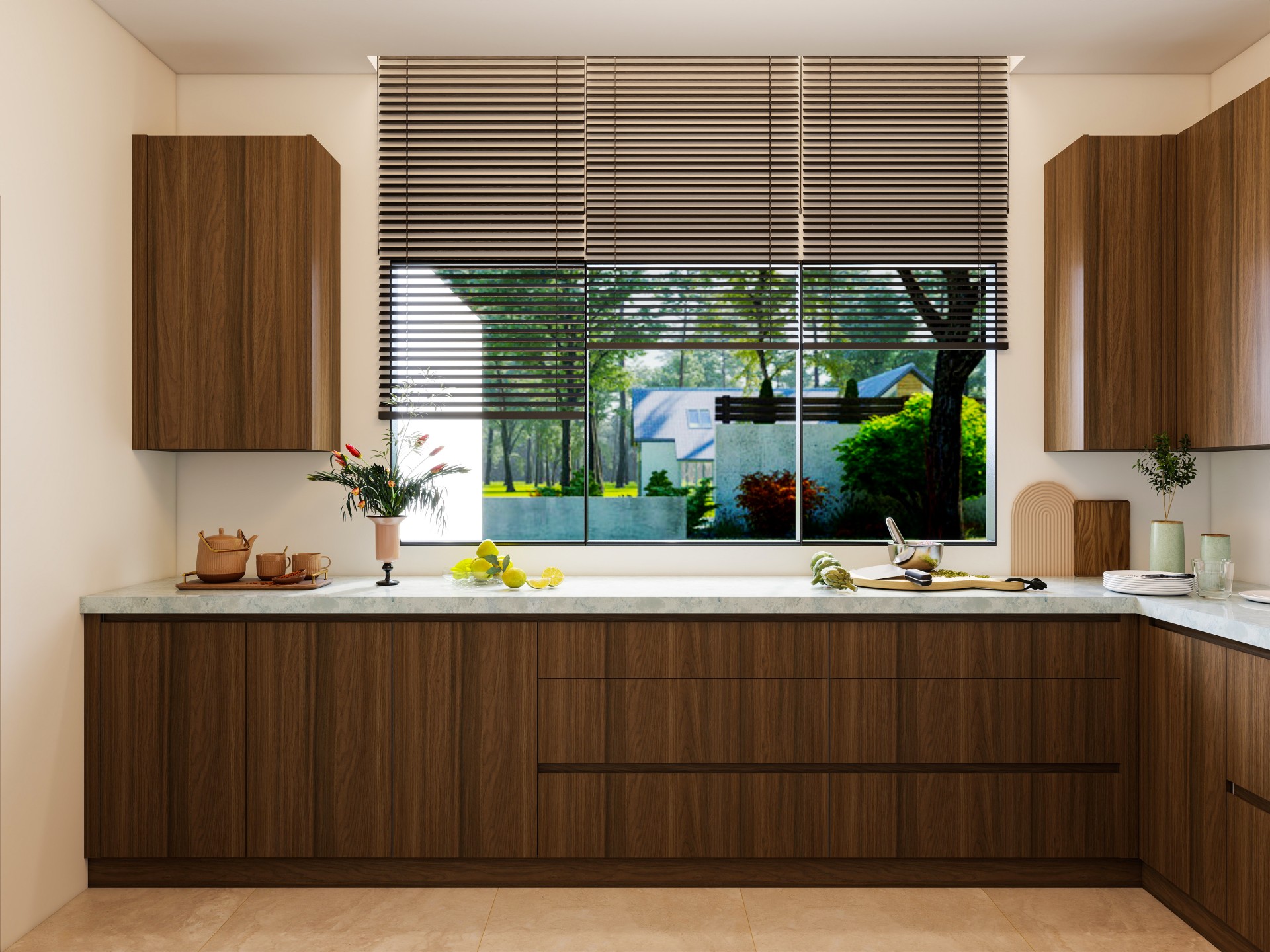 Plywood kitchen cabinets with rich walnut finish, stone countertops and picture window with venetian blinds.