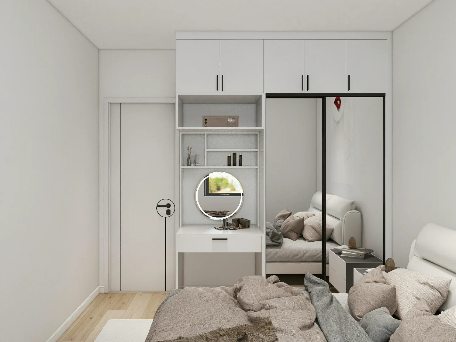 Closed mirror closet doors in a modern bedroom design.