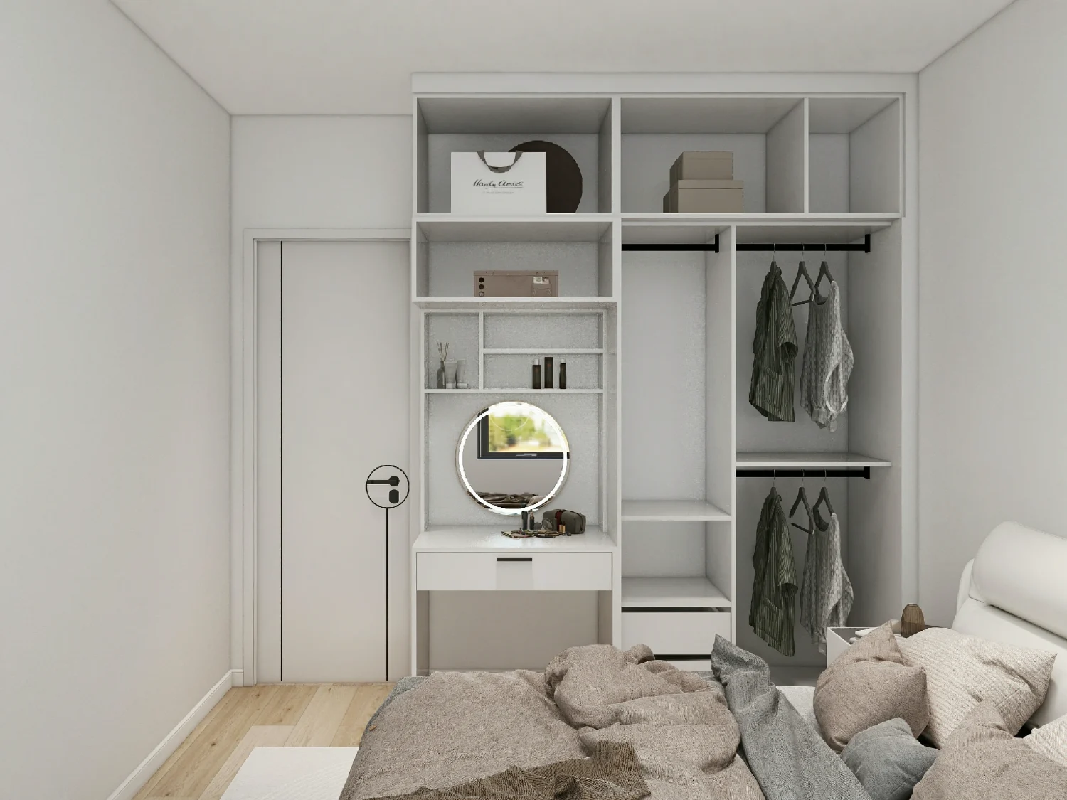 Mirror closet doors open in a minimalist bedroom with storage.