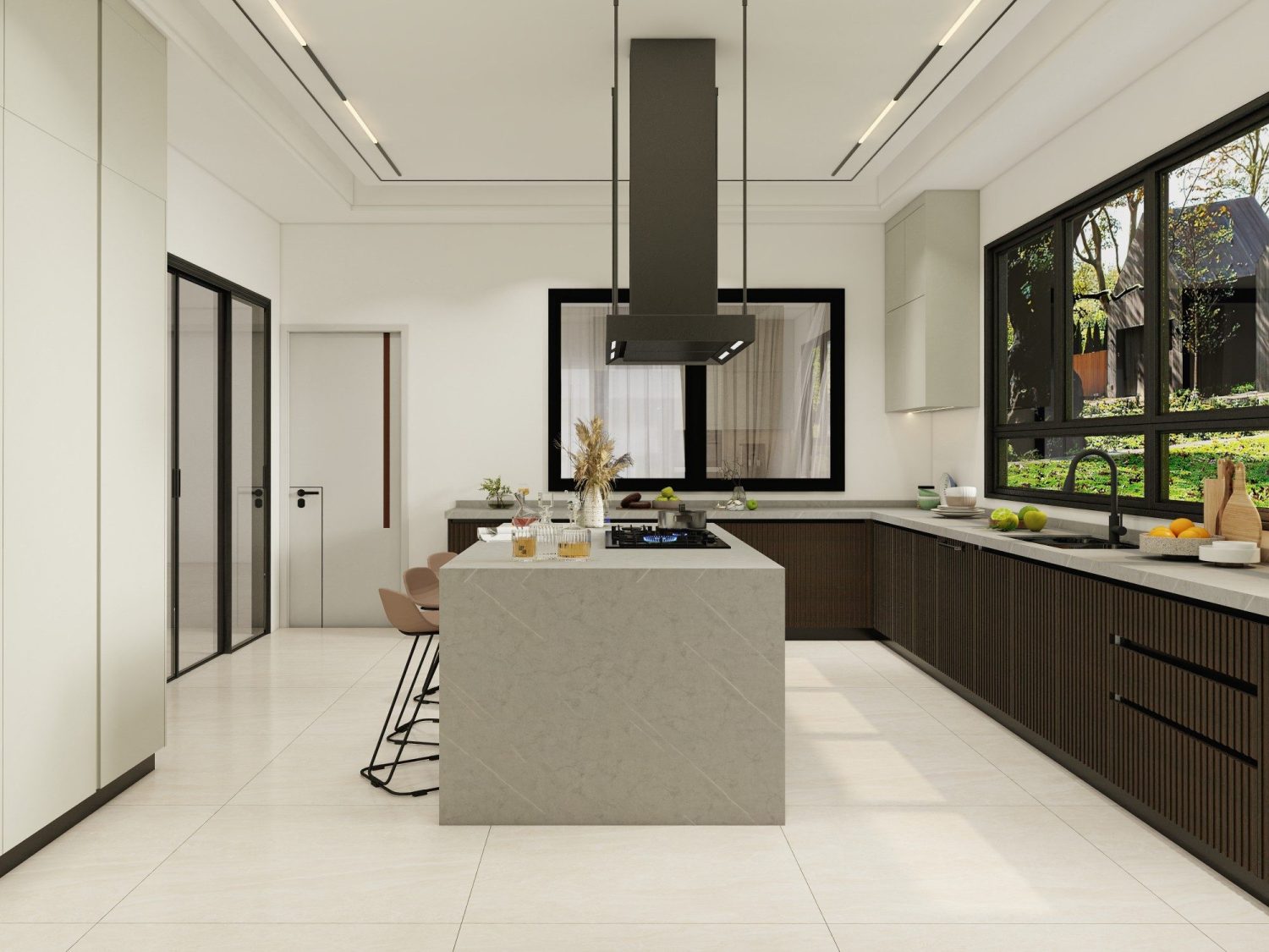 Modern Australian kitchen with dark wood flat panel cabinets, large central island, and floor-to-ceiling windows