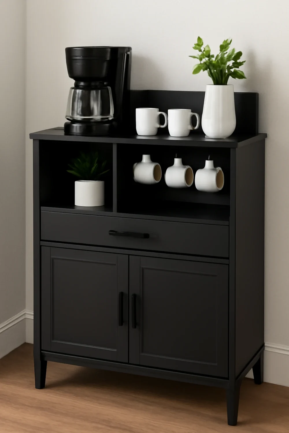 sleek modern coffee bar cabinet with mugs, coffee maker, and plants on shelves