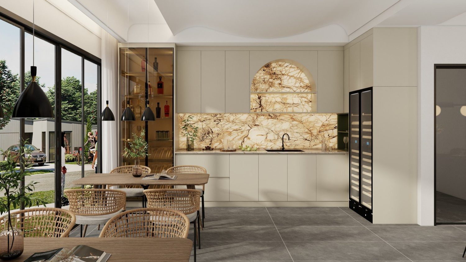 Handleless beige cabinets with backlit marble backsplash, glass-front display cabinet, dual wine fridges and rattan dining seating.