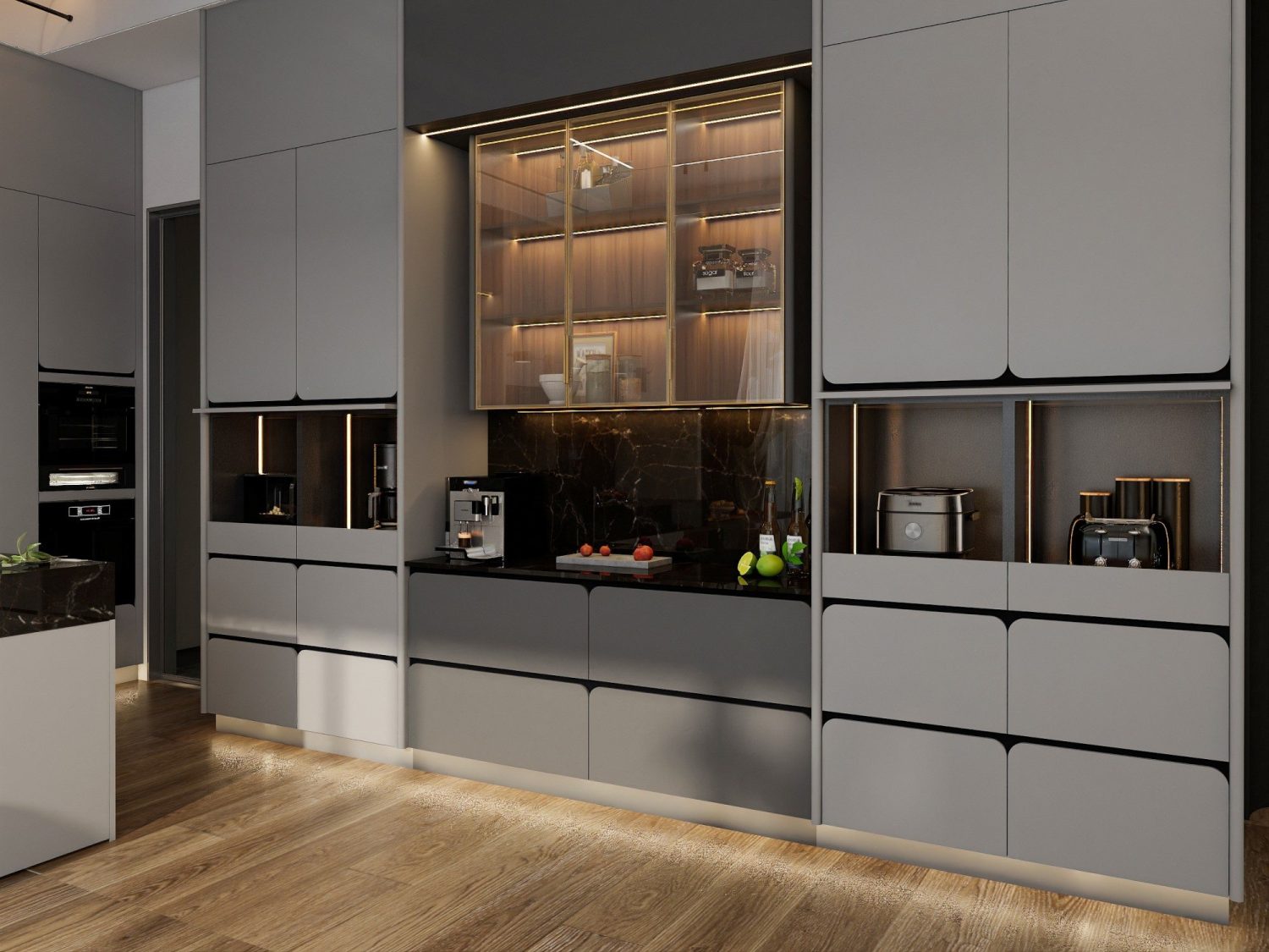 Floor-to-ceiling handleless grey matte kitchen cabinets with LED-lit niche shelves, black marble backsplash, integrated appliances