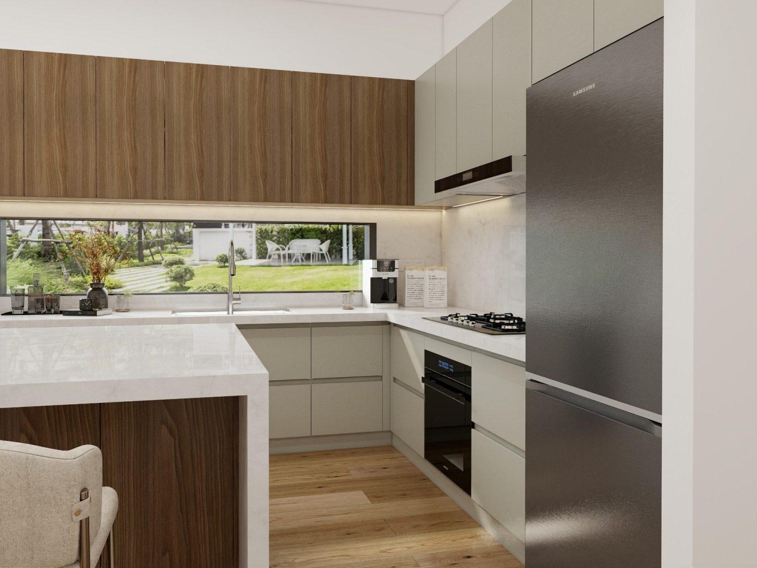Handleless matte-grey base cabinets and walnut overhead units with a white composite island under a long garden window.