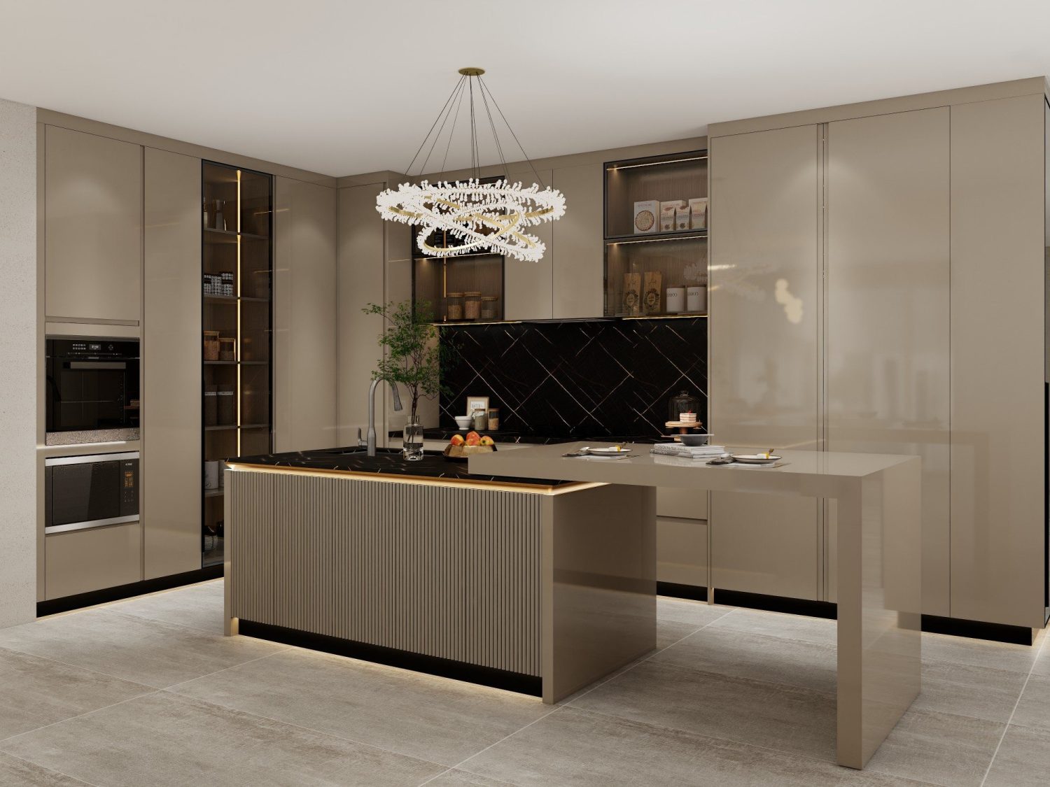 Handleless taupe matte British kitchen with floor-to-ceiling cupboards, integrated ovens, LED-lit glass display and marble breakfast bar