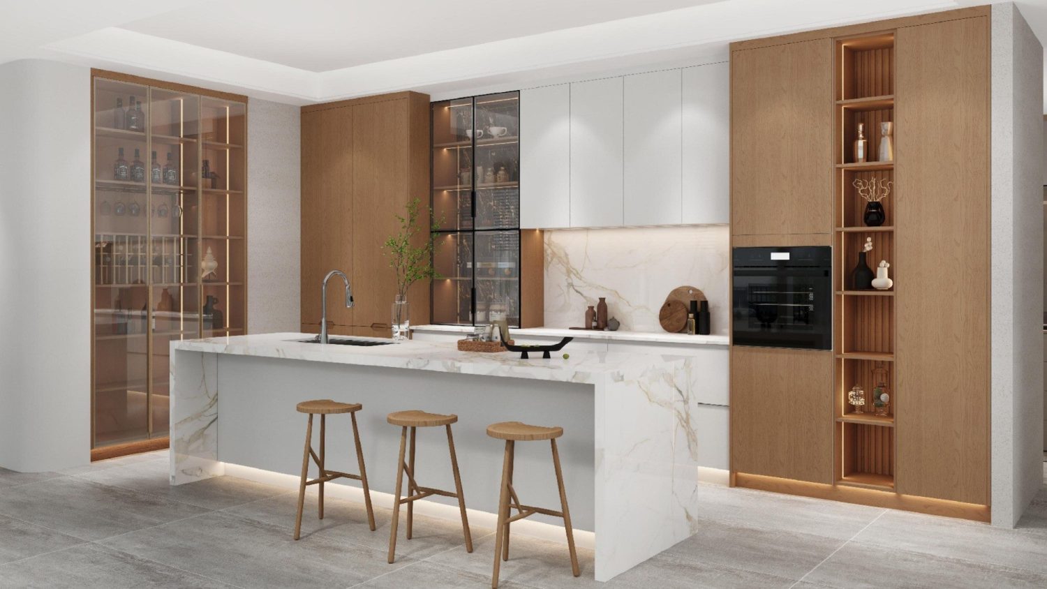 Handleless white-and-oak minimalist British kitchen with LED-lit full-height cupboards, glass display and marble waterfall island