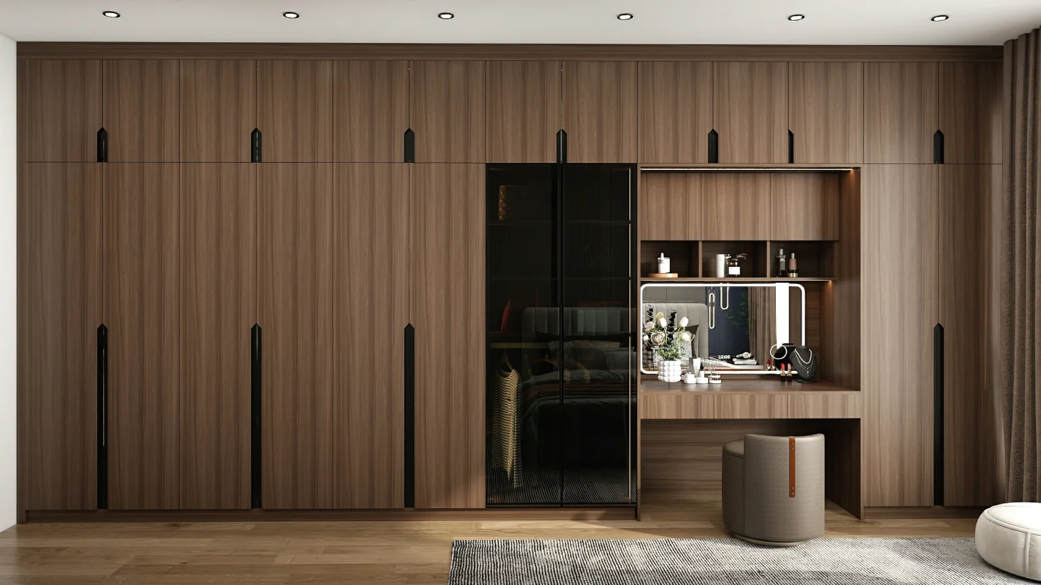 Modern closet doors with a sleek black frame and mirror panel.