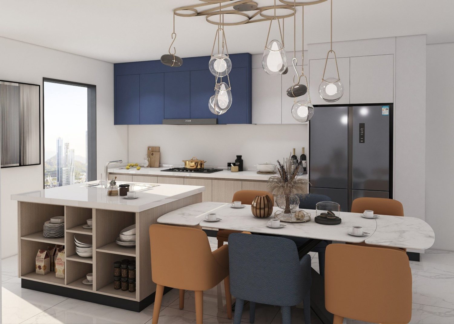 Modern Filipino kitchen with blue accent cabinets, white marble island, and contemporary pendant lighting