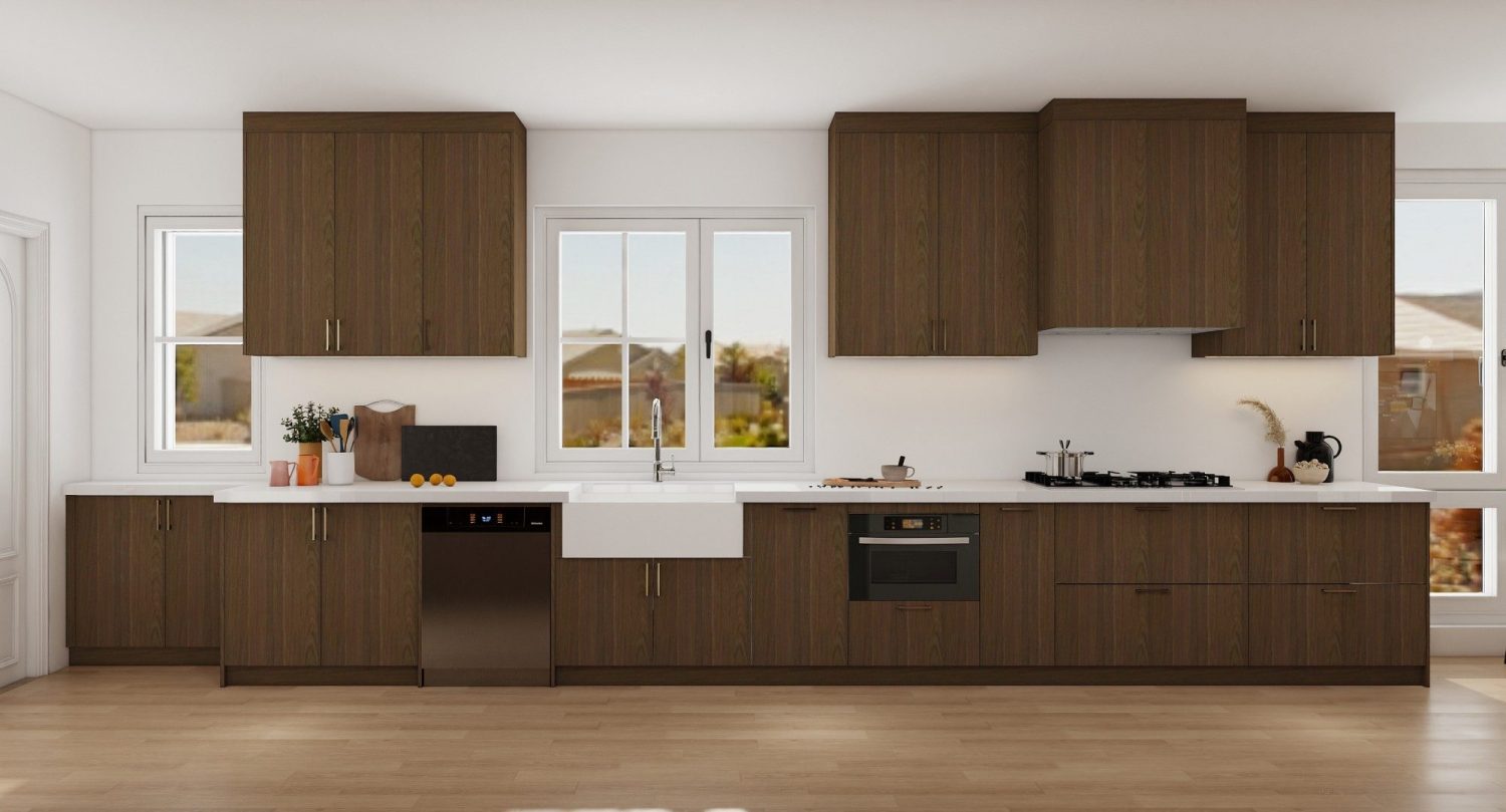 Modern Filipino kitchen with dark wood cabinetry, white countertop, and stainless steel appliances