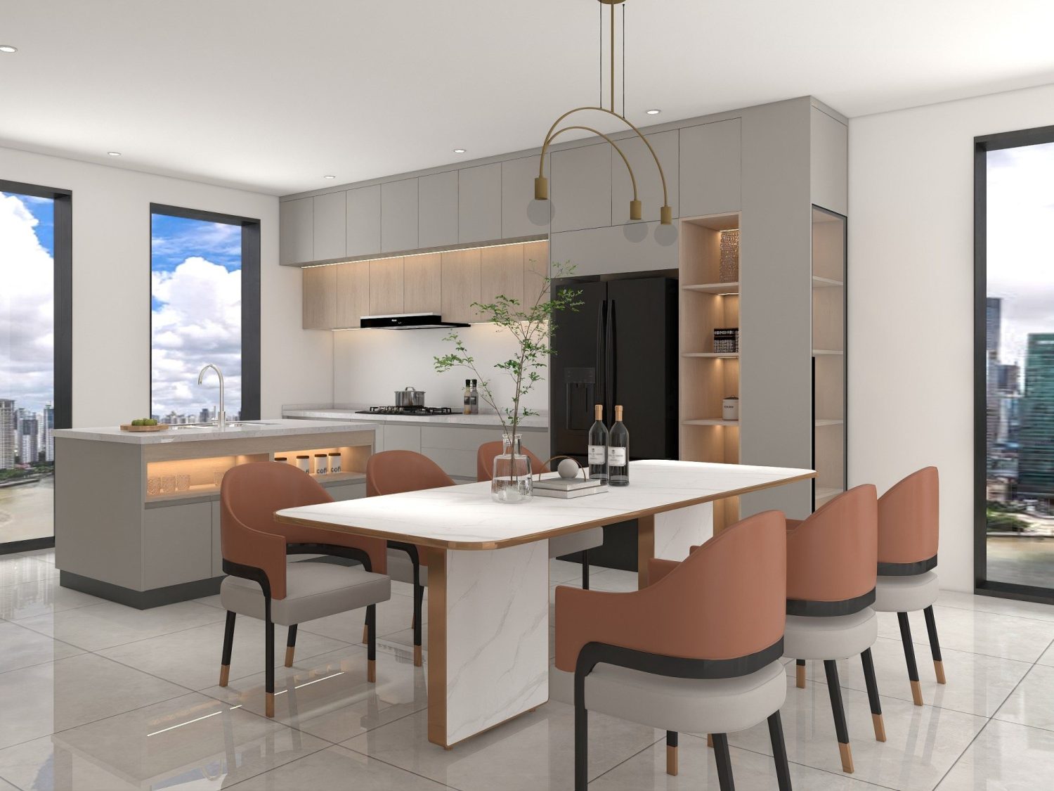 Modern Filipino kitchen with light gray wood cabinets, white marble island, and contemporary pendant lighting