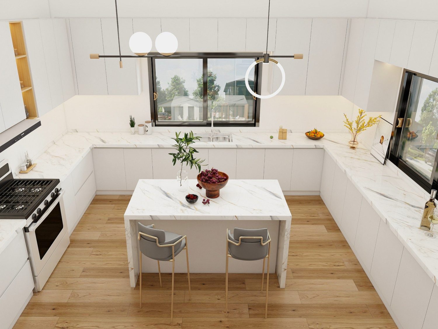 Modern Filipino kitchen with white marble countertop, clean lines, minimalist cabinetry, and contemporary pendant lighting.