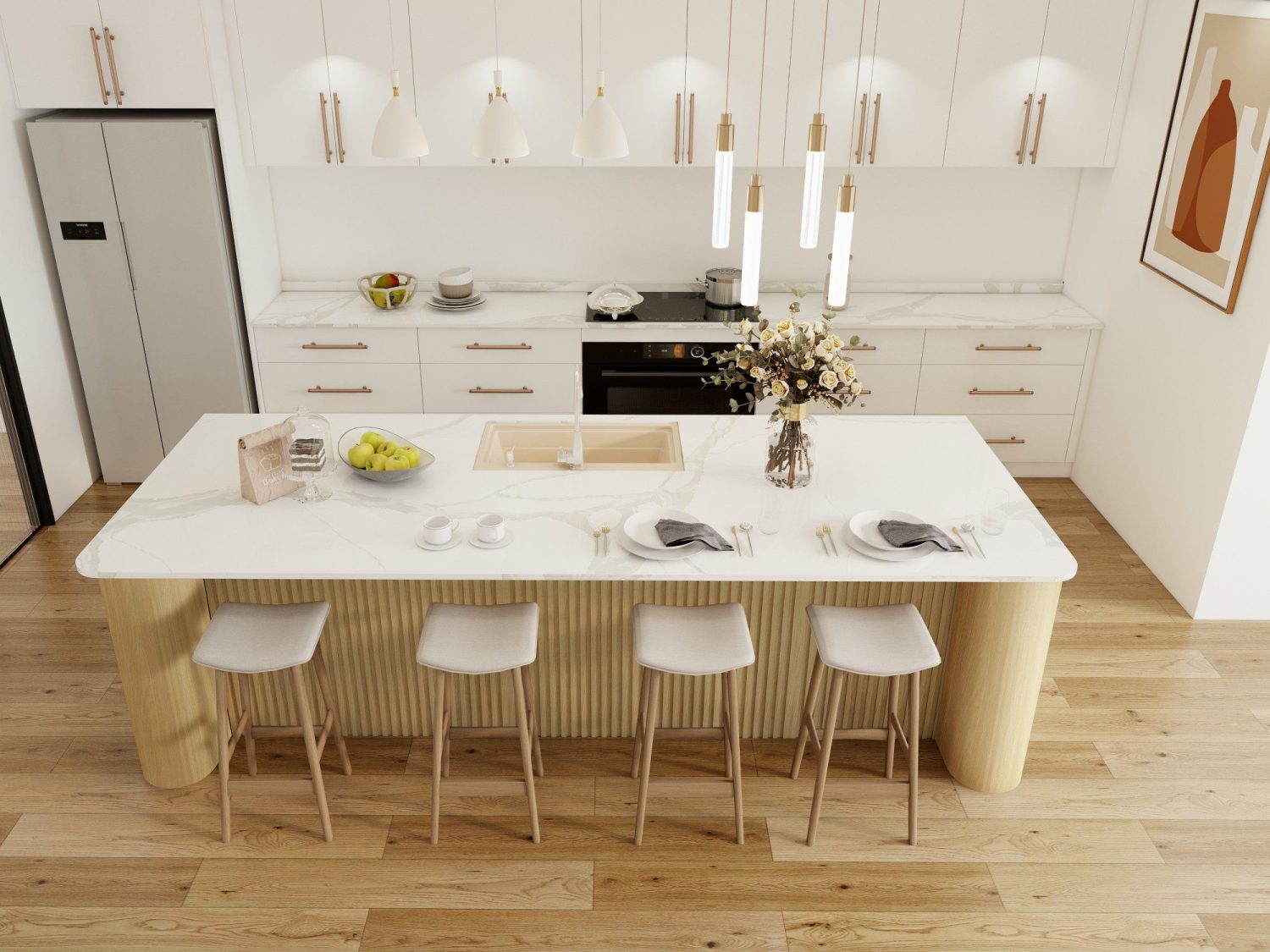 Modern Filipino kitchen with white marble island, minimalist cabinetry, and pendant lighting