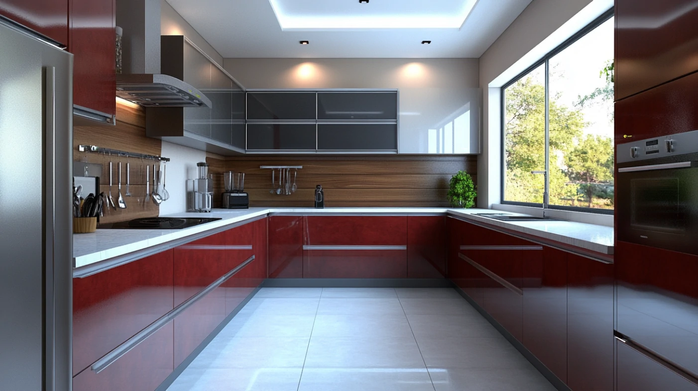 Modern kitchen with white floating kitchen cabinets over red base